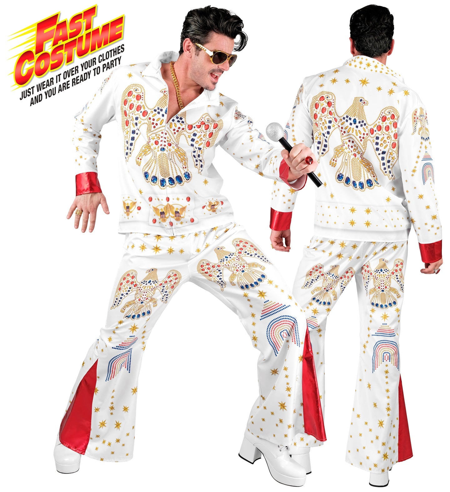 Front and back view of a man wearing a white Elvis-style jumpsuit with 3D printed American Eagle and gemstone designs.