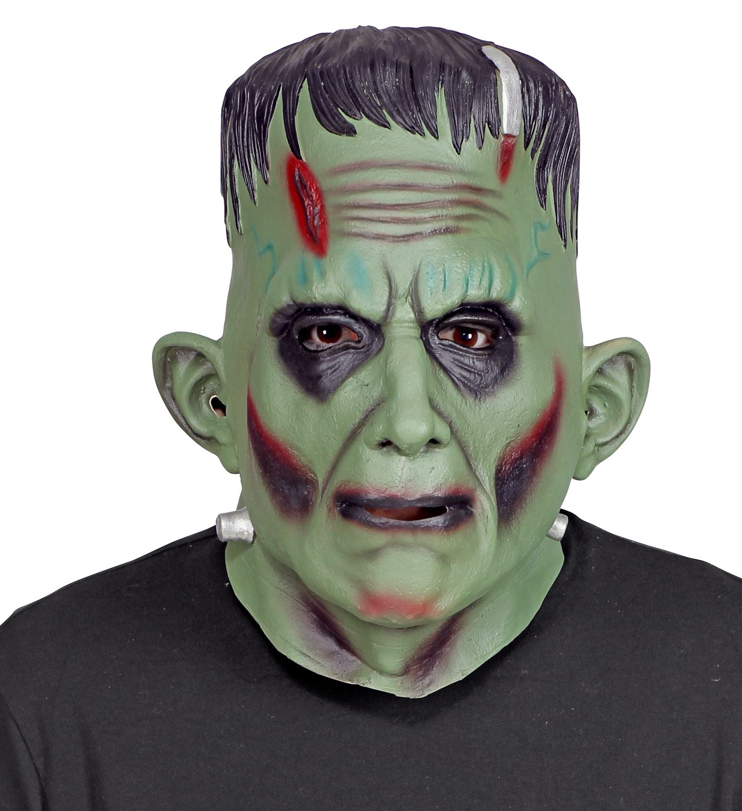 A straight-on view of a green full-head lab monster mask featuring an angry, wrinkled brow, red surgical scars, dark eye circles, molded black hair, and silver neck bolts.