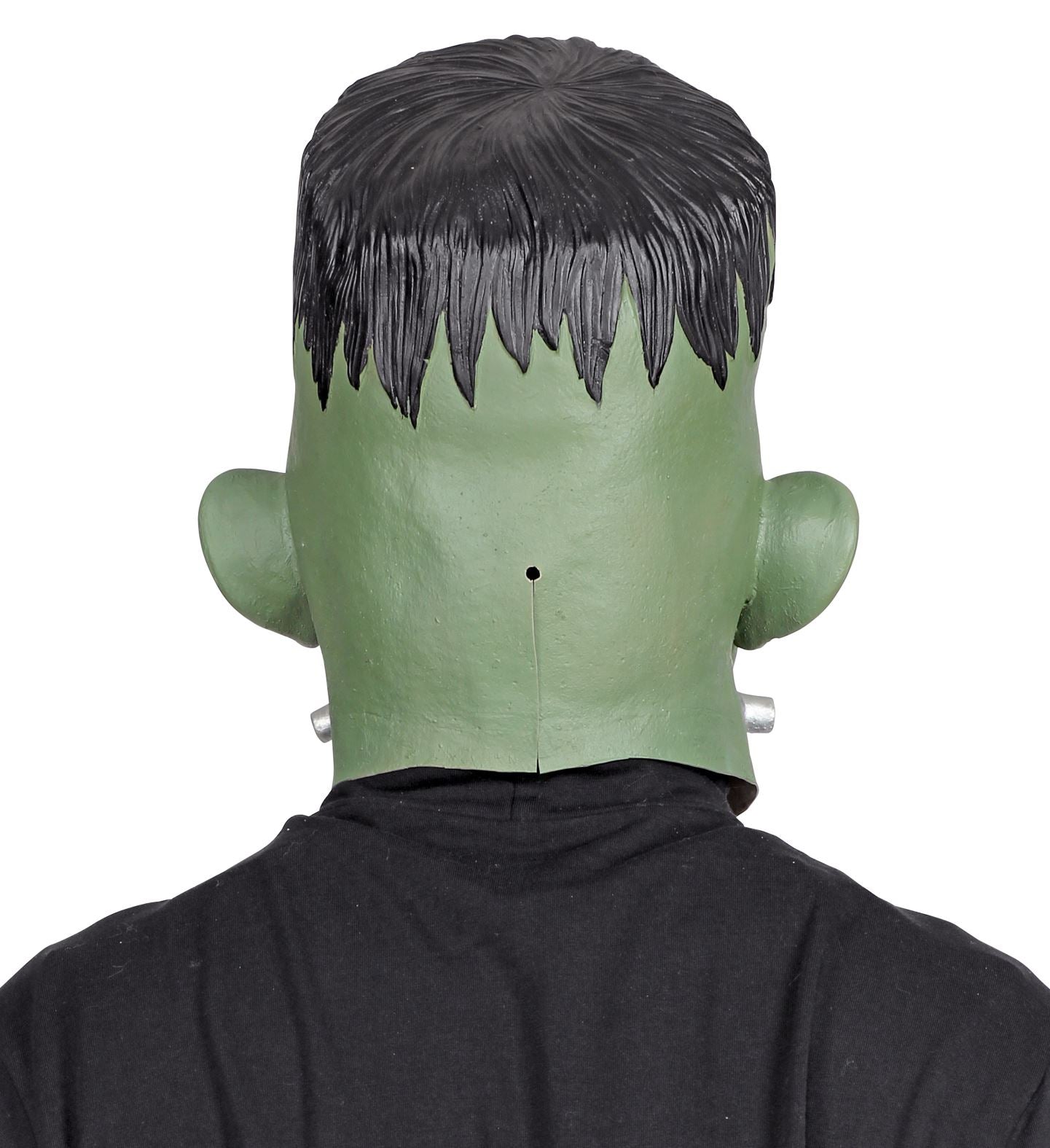 The back view of a green full-head lab monster mask, showing the molded black jagged hair, green neck, and a small slit at the nape of the neck for easy fitting.