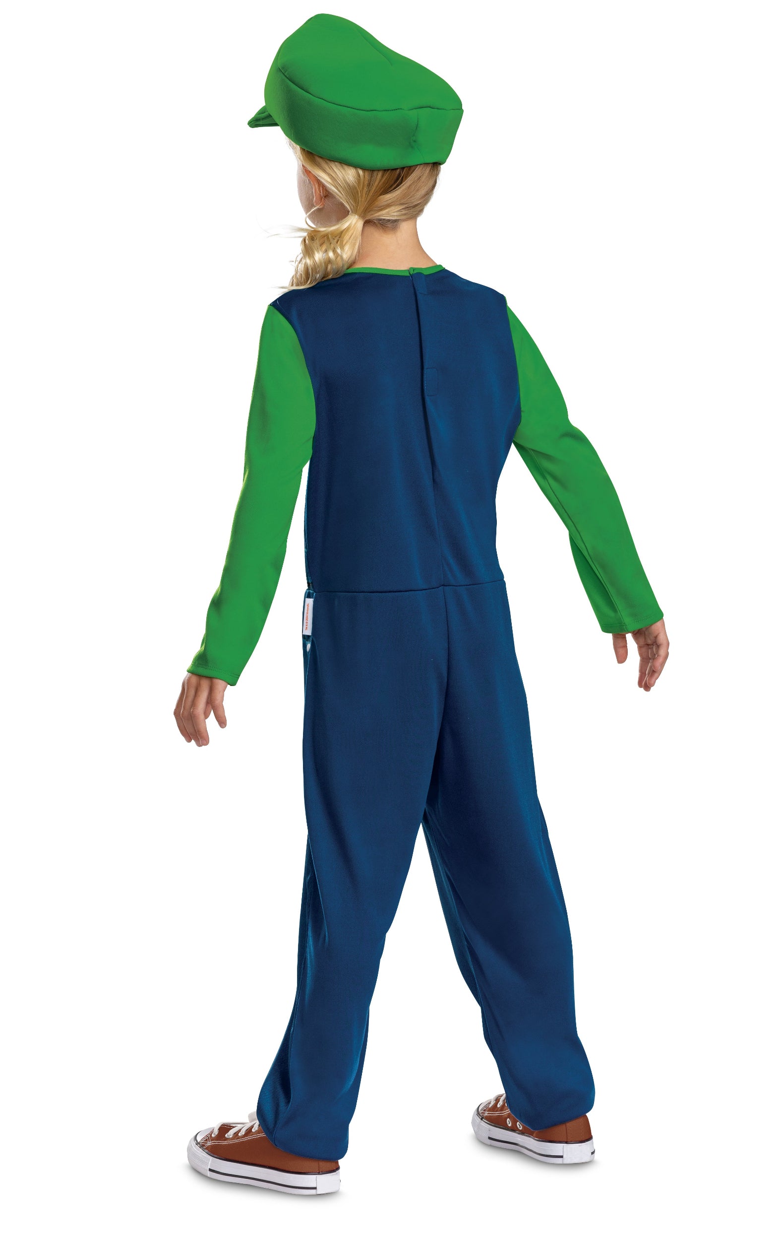 The back view of a Luigi fancy dress costume on a model, showing the seamless one-piece blue and green jumpsuit design.