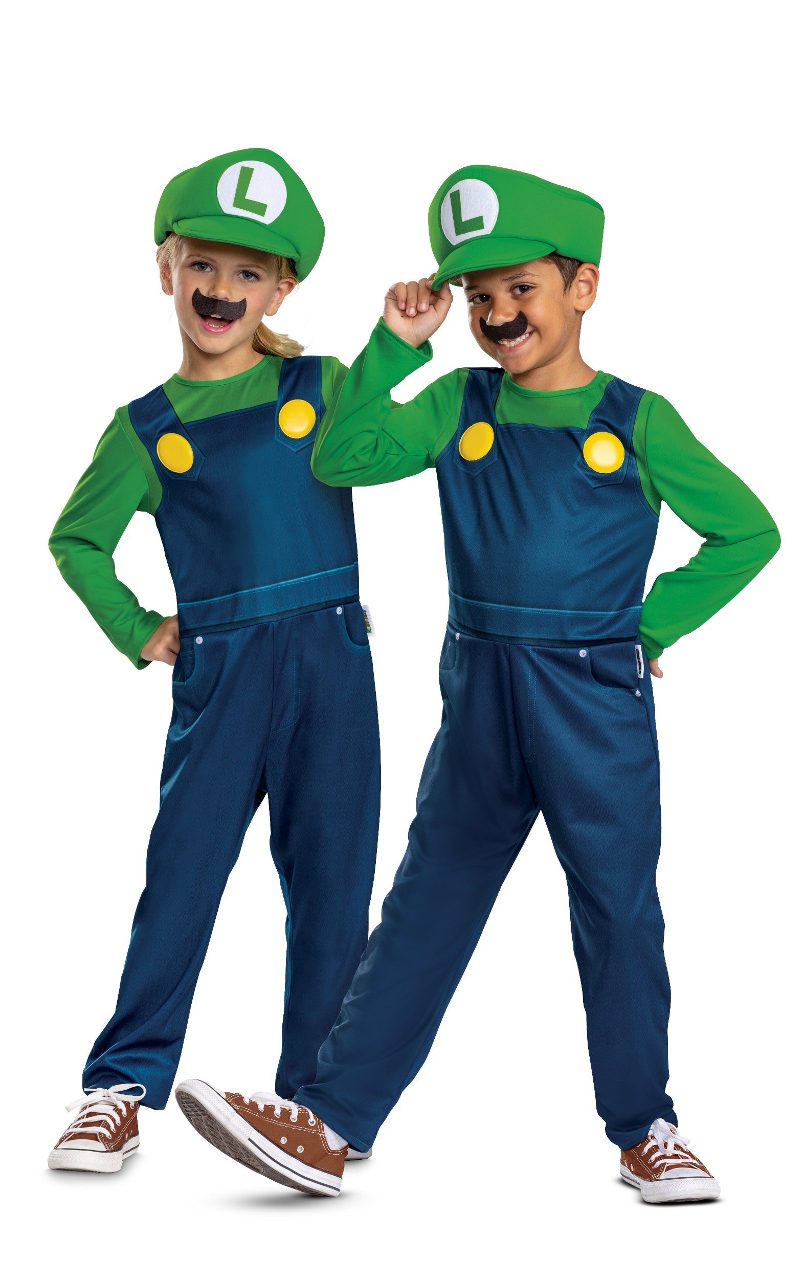 Two young models standing side-by-side wearing matching officially licensed Luigi fancy dress costumes, complete with green 'L' hats and moustaches.