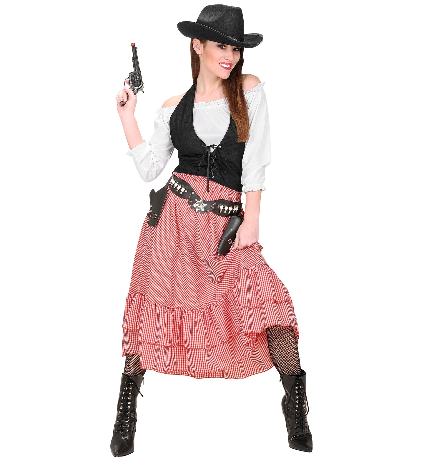 A model wearing a pink and white western cowgirl costume with a black corset, consisting of a white blouse shirt, black petticoat, and long gingham dress. She is also holding a gun and wearing a black hat.