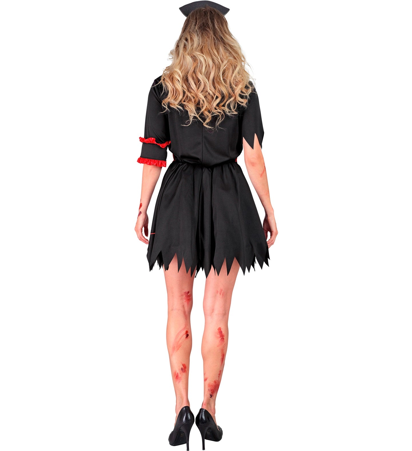A back view of a person in a black zombie nurse costume, showing the jagged hemline of the dress and the nurse hat. The back of the person's legs have fake blood splatters on them.