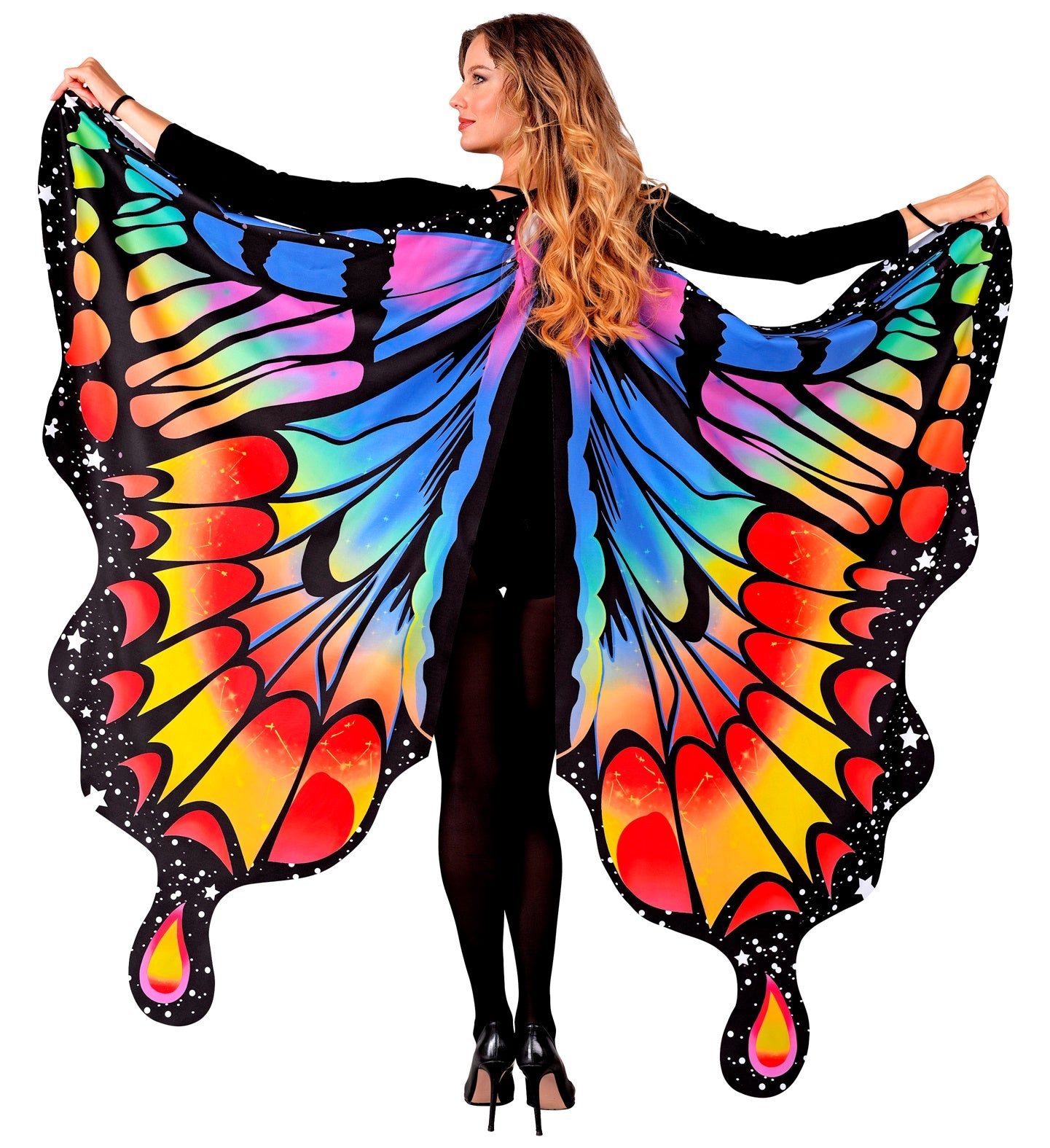 A woman wearing large, vibrant rainbow-colored butterfly wings from behind, showcasing the full spectrum of bright hues, intricate black vein patterns, and a speckled border, against a white background.