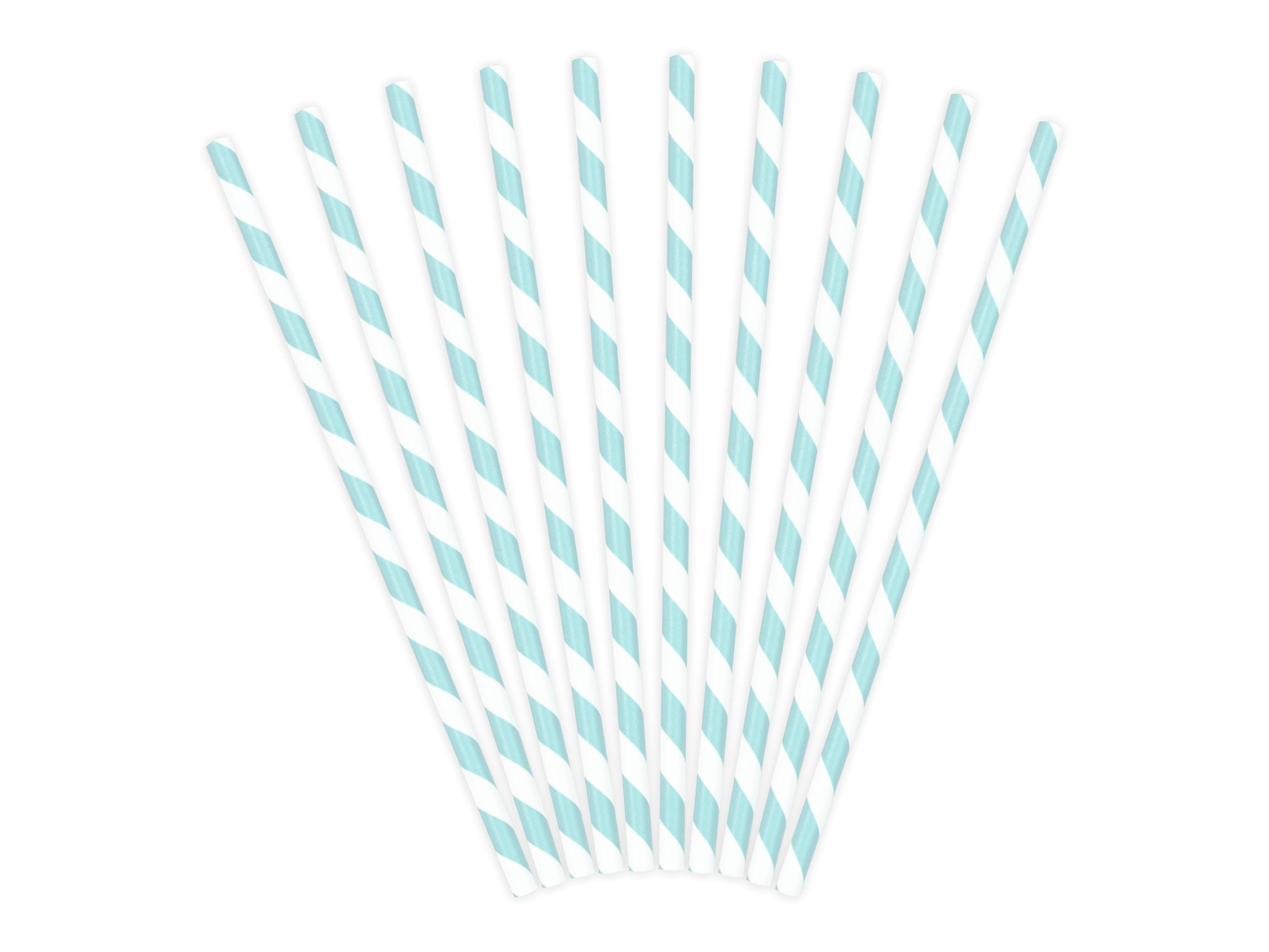 A fan-shaped display of 10 light blue and white slanted striped paper straws.