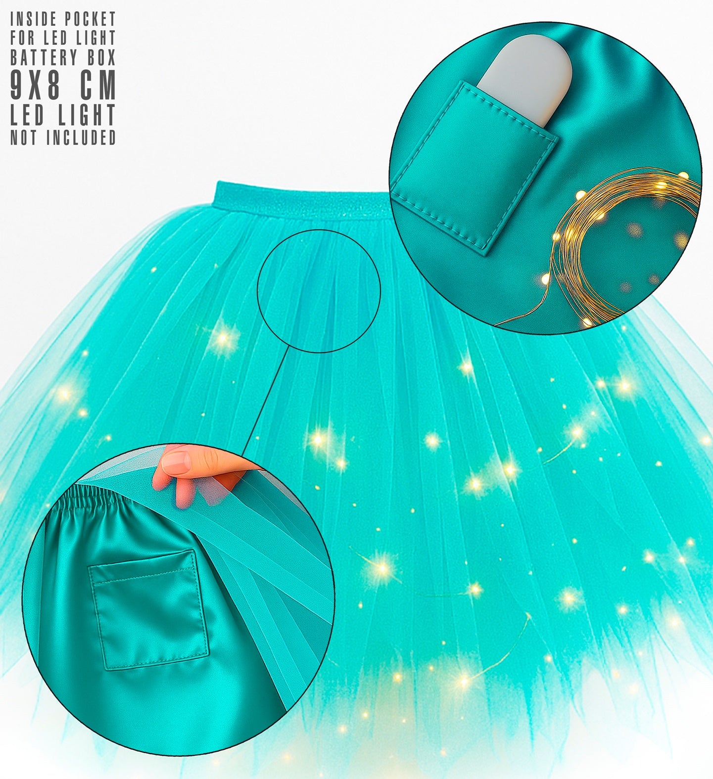Detailed view of the light blue tutu skirt showing the inner pocket designed for an LED light battery box and an example of fairy lights woven through the tulle.