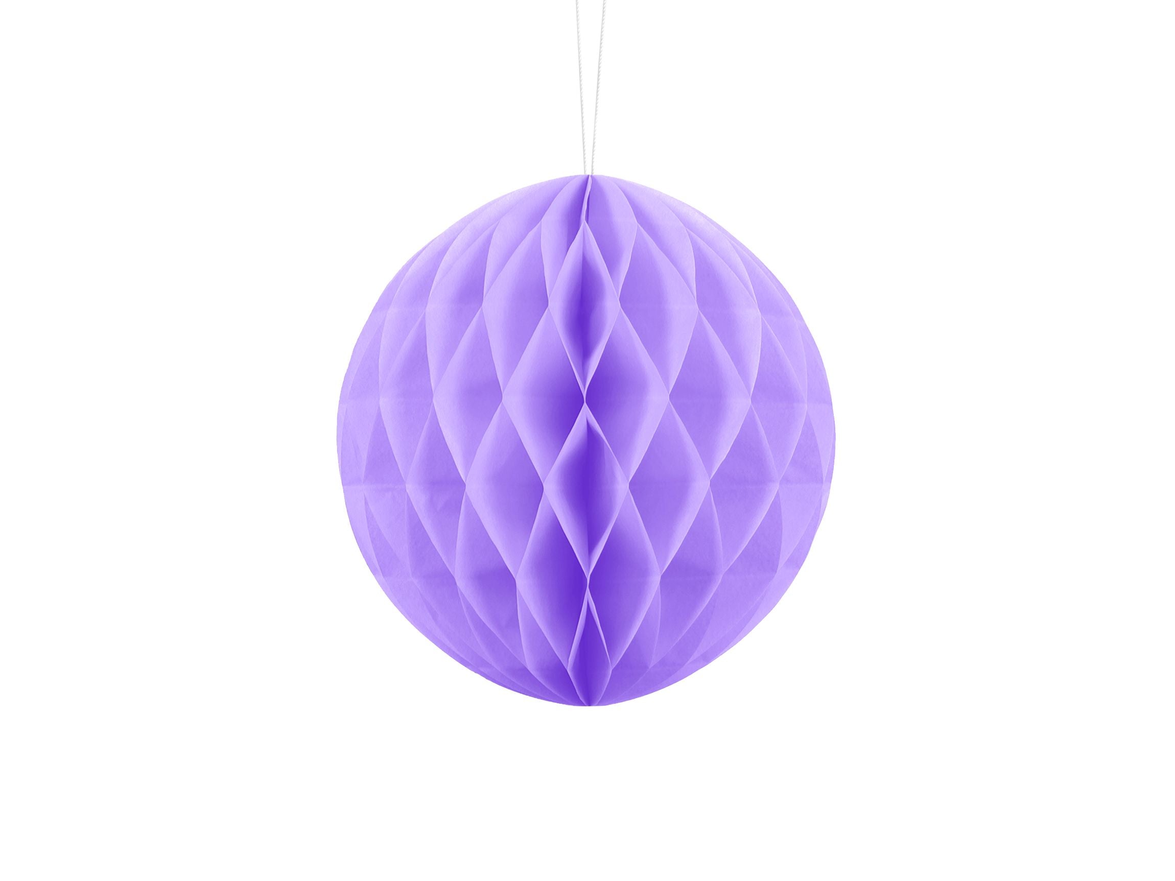 Small reusable lilac tissue paper honeycomb sphere hanging as part of a pastel party backdrop.