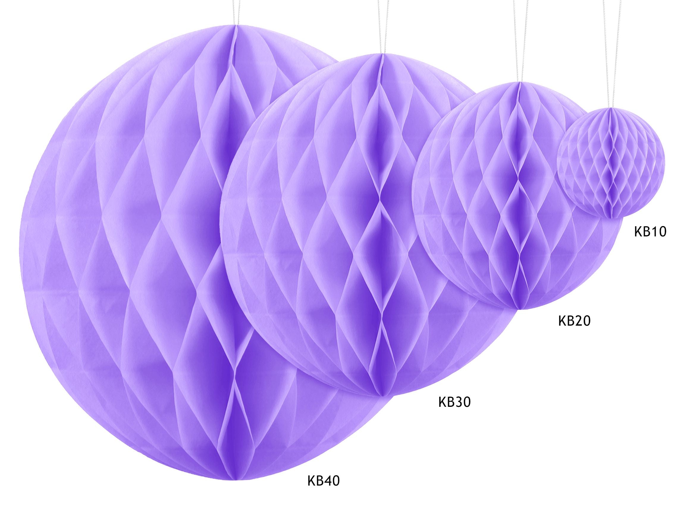 Lilac honeycomb balls in various sizes including 20cm (KB20), 30cm (KB30), and 40cm (KB40).