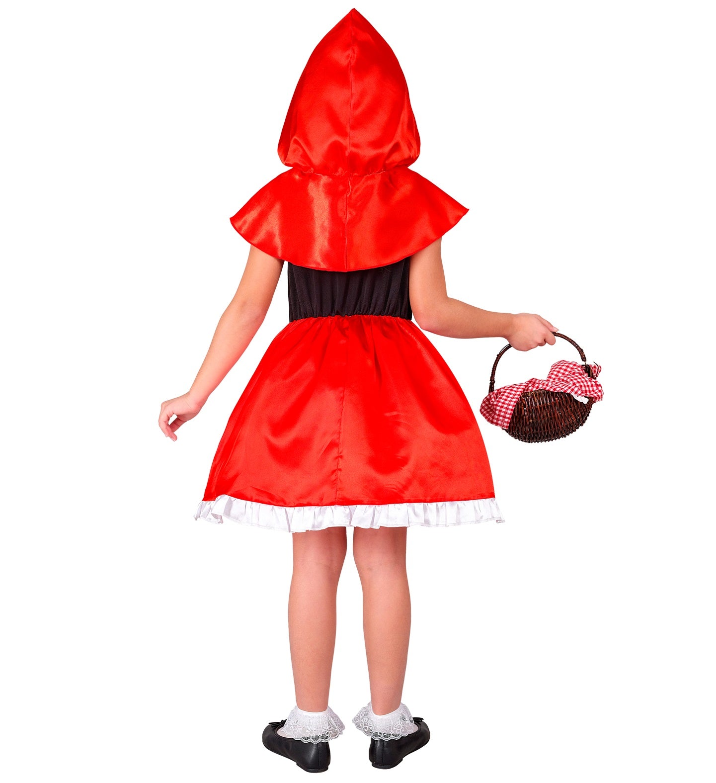 The back of the children's Red Riding Hood costume highlighting the vibrant red satin-look hood and capelet.