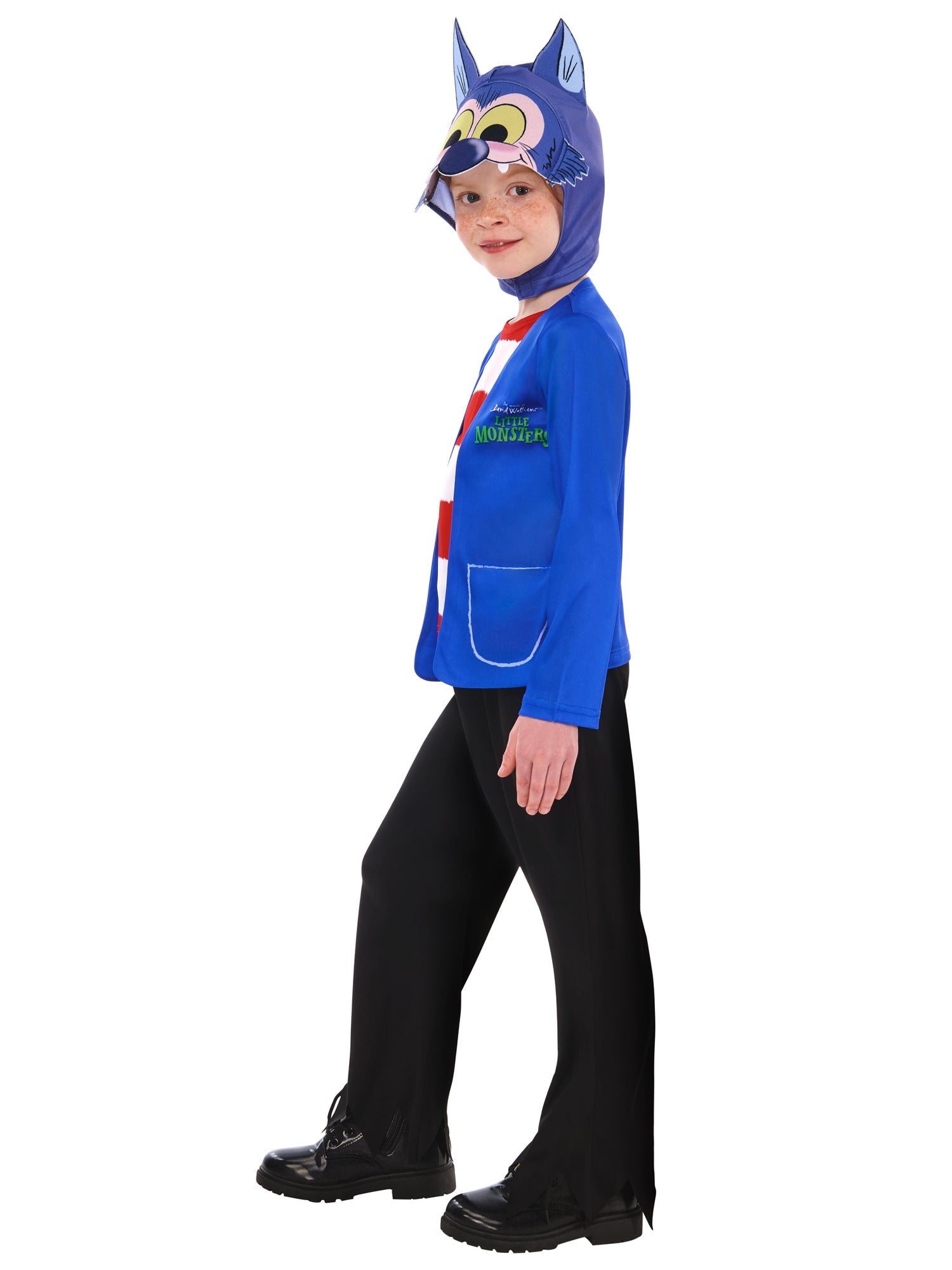 Child wearing the officially licensed Little Monsters Howler costume with blue jacket, striped shirt, and character headpiece side profile.