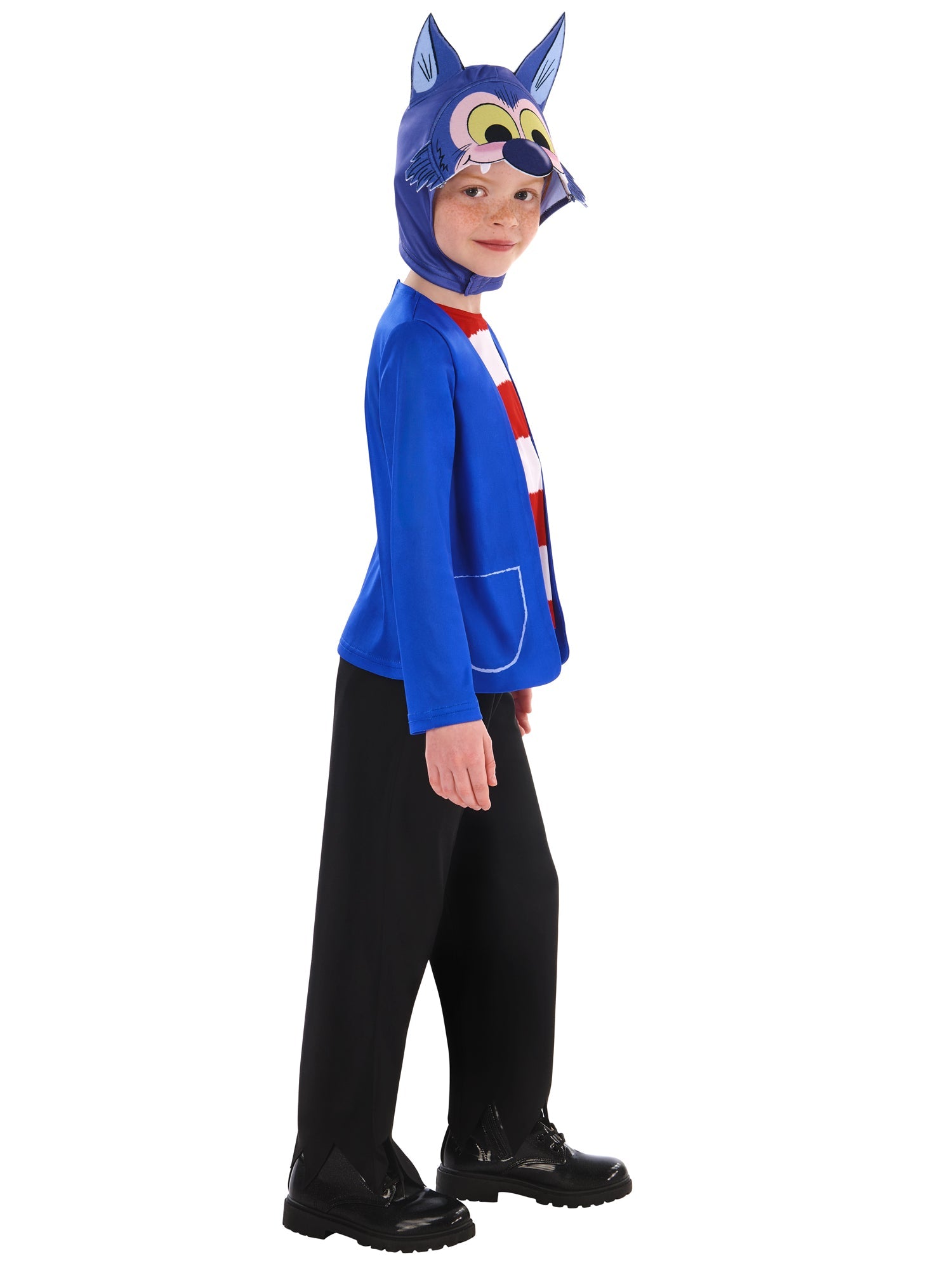 Close-up of the blue plush Howler character headpiece with large yellow eyes and pointed ears.