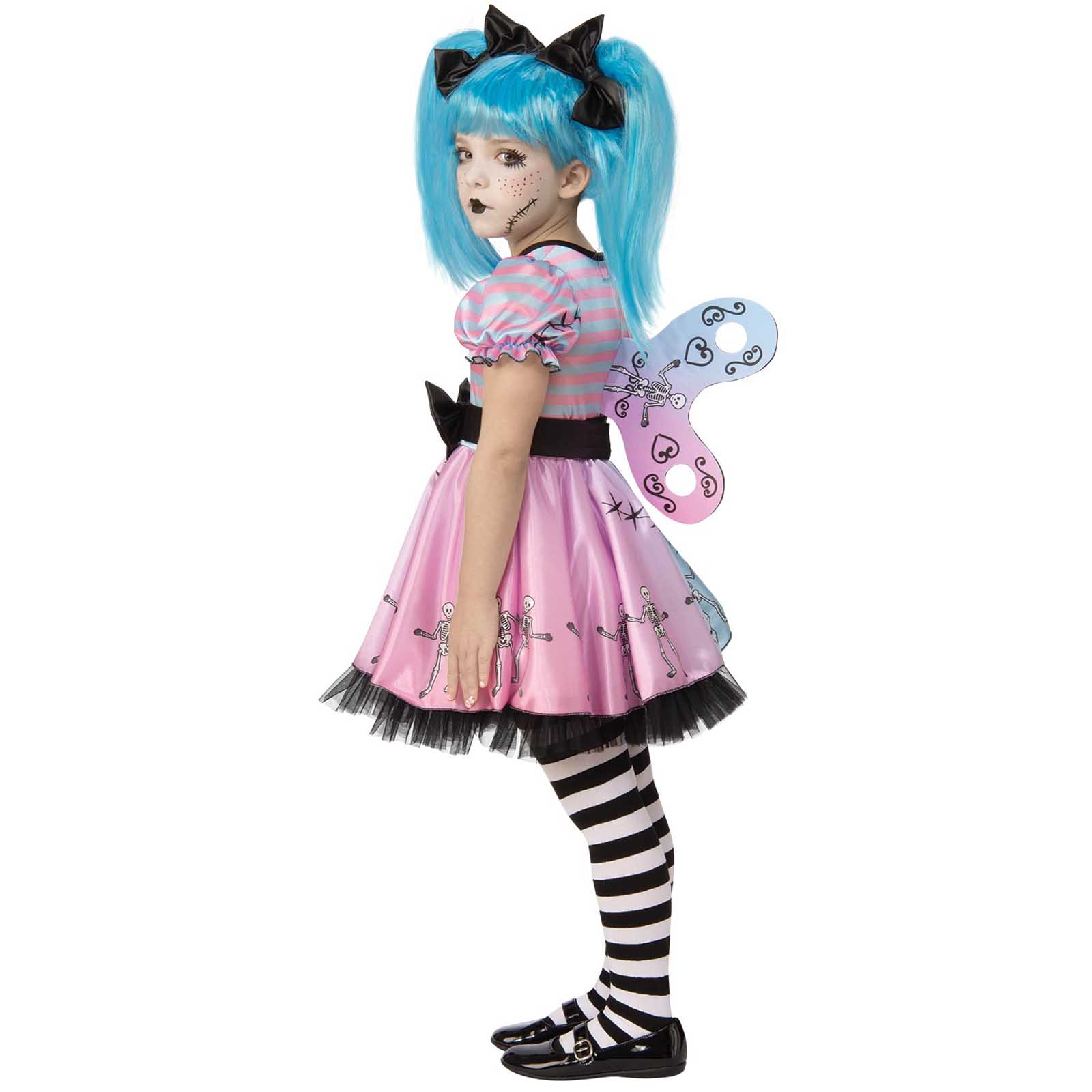 Girl wearing a Little Blue Skelly Costume, featuring a pink and blue ombré skater dress with skeleton print, puff sleeves with wind up.