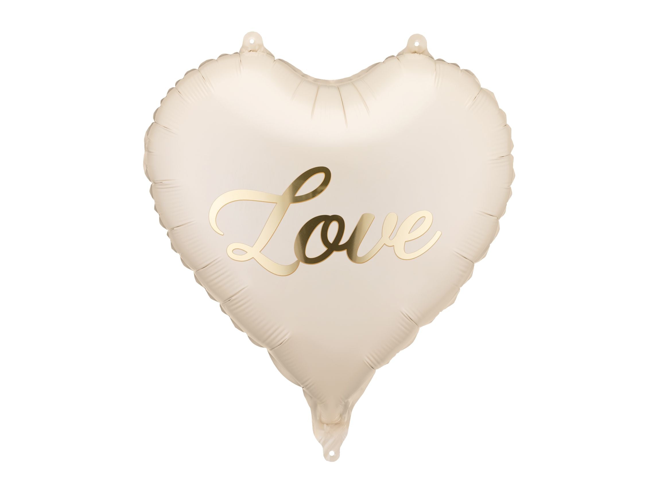 A beige heart-shaped foil balloon with a shimmering gold Love inscription against a white background.