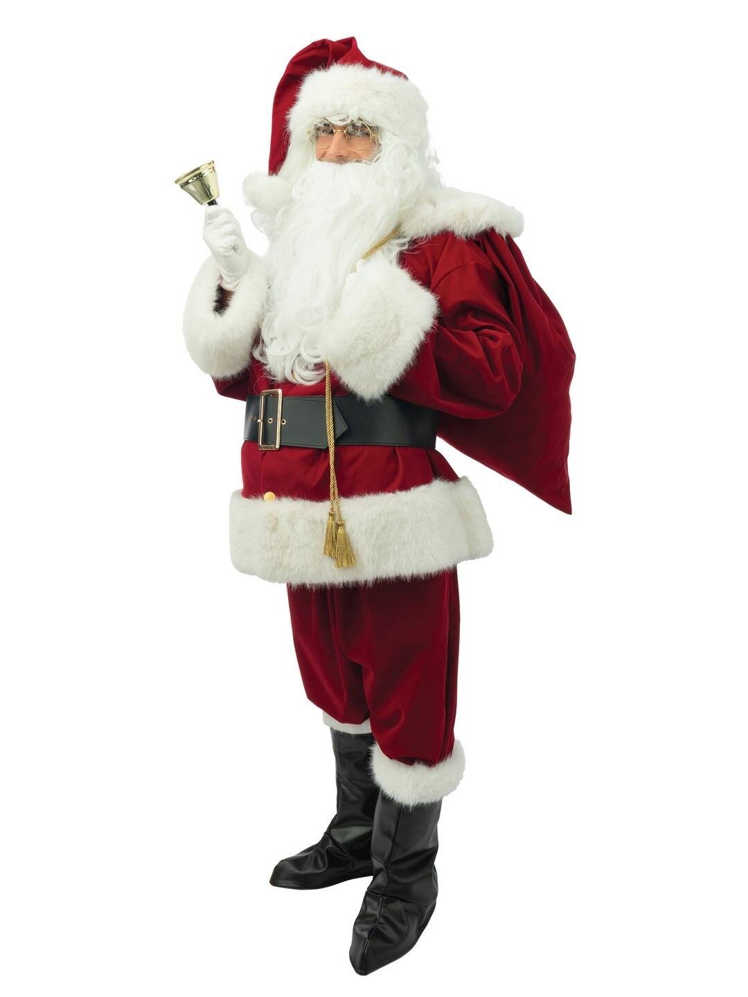 A man in a deluxe red velvet Santa suit with white fur trim, ringing a bell and holding a sack.
