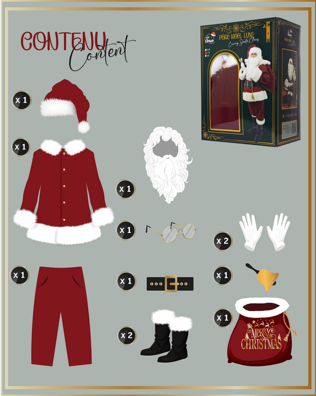 A contents image showing all 10 pieces of the luxury Santa suit: jacket, pants, hat, wig, beard, glasses, gloves, boot covers, bell, and sack.