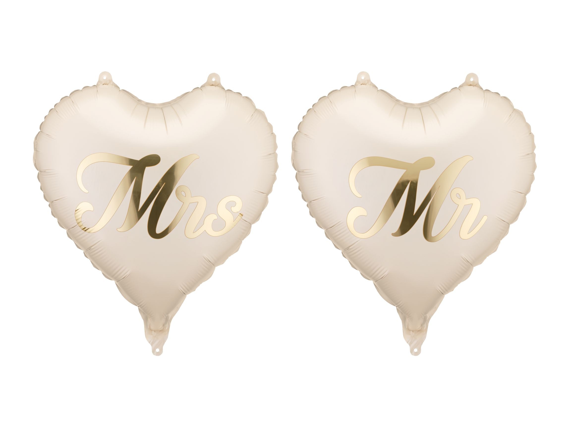 A pair of beige heart-shaped foil balloons with gold Mr and Mrs inscriptions against a white background.