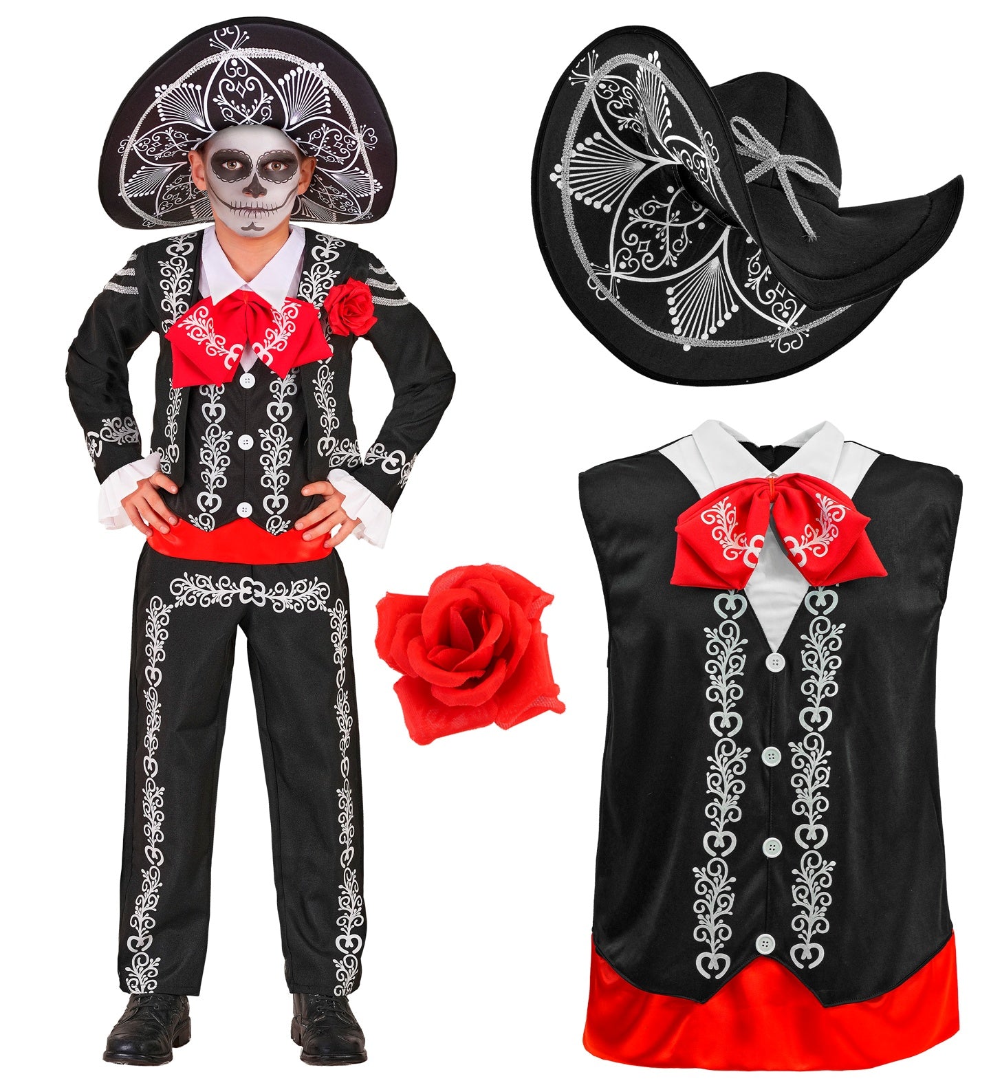 A product layout showing the components of a men's Day of the Dead Mariachi costume, featuring the jacket and trousers on a model, alongside isolated views of the printed sombrero, red rose prop, and the shirt with attached vest and red bow tie.