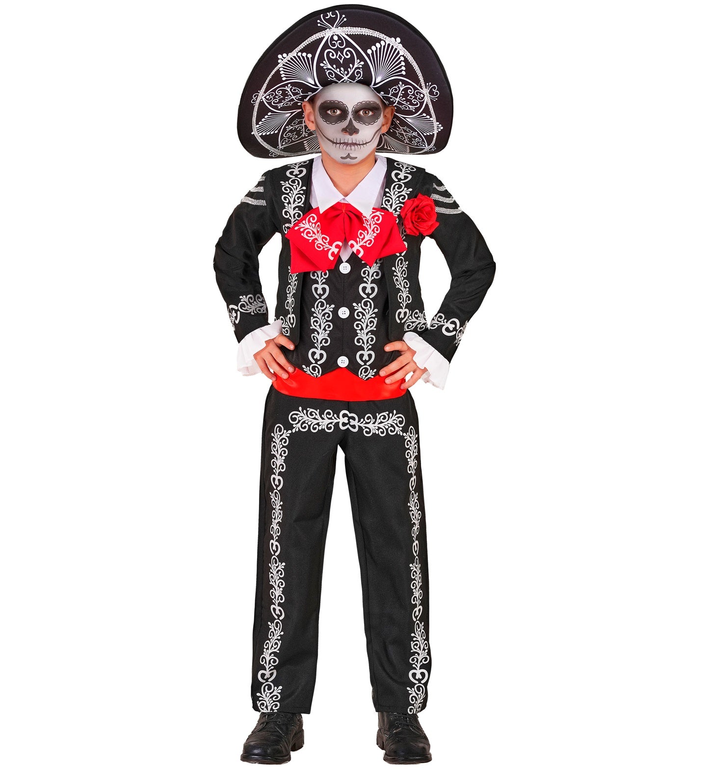 A child wearing a Day of the Dead (Dia de los Muertos) mariachi costume, featuring a black jacket and pants with white embroidery, a red bow tie, a red rose, and a matching black sombrero, set against a plain white background.
