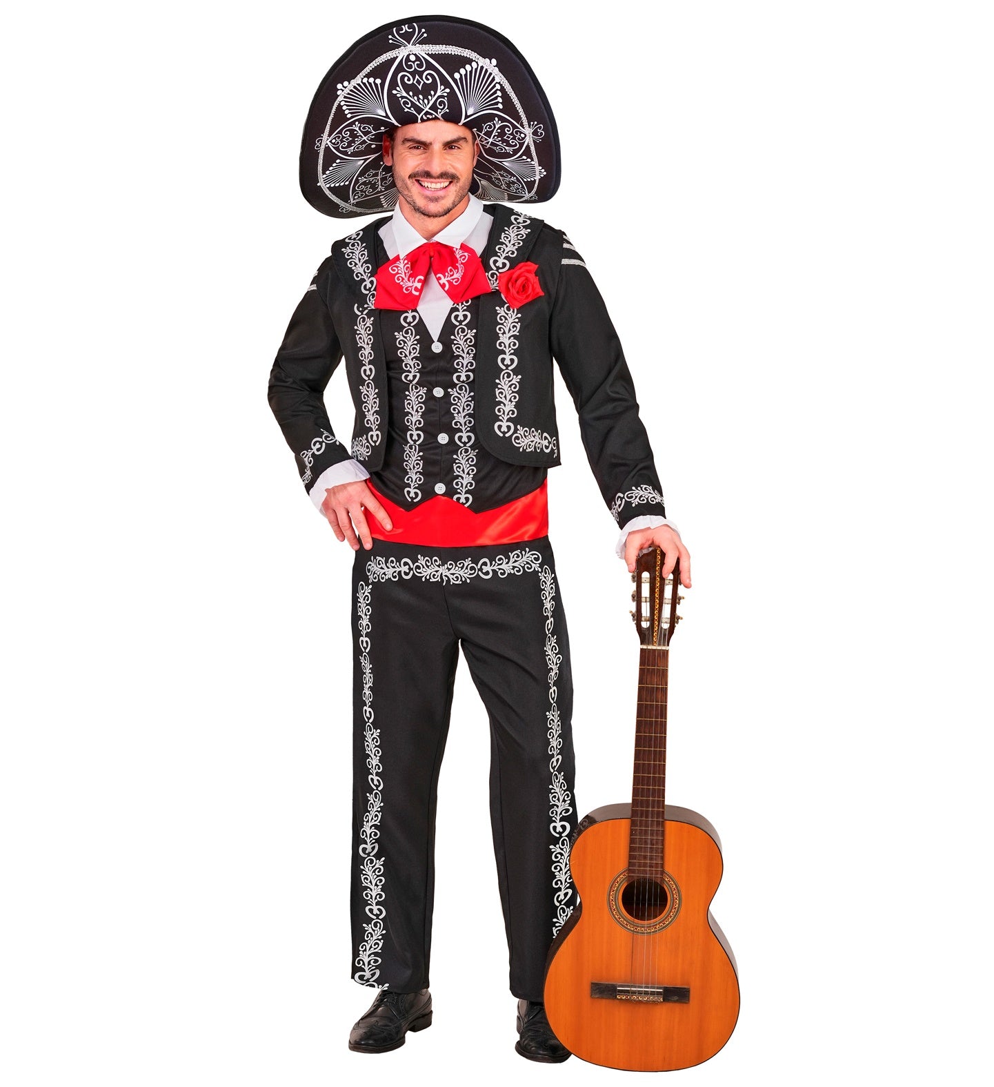 A model posing in a black Mariachi Day of the Dead costume with white detailing, a red bow tie and red waist sash, wearing sugar skull face paint and holding a large wooden acoustic guitar.