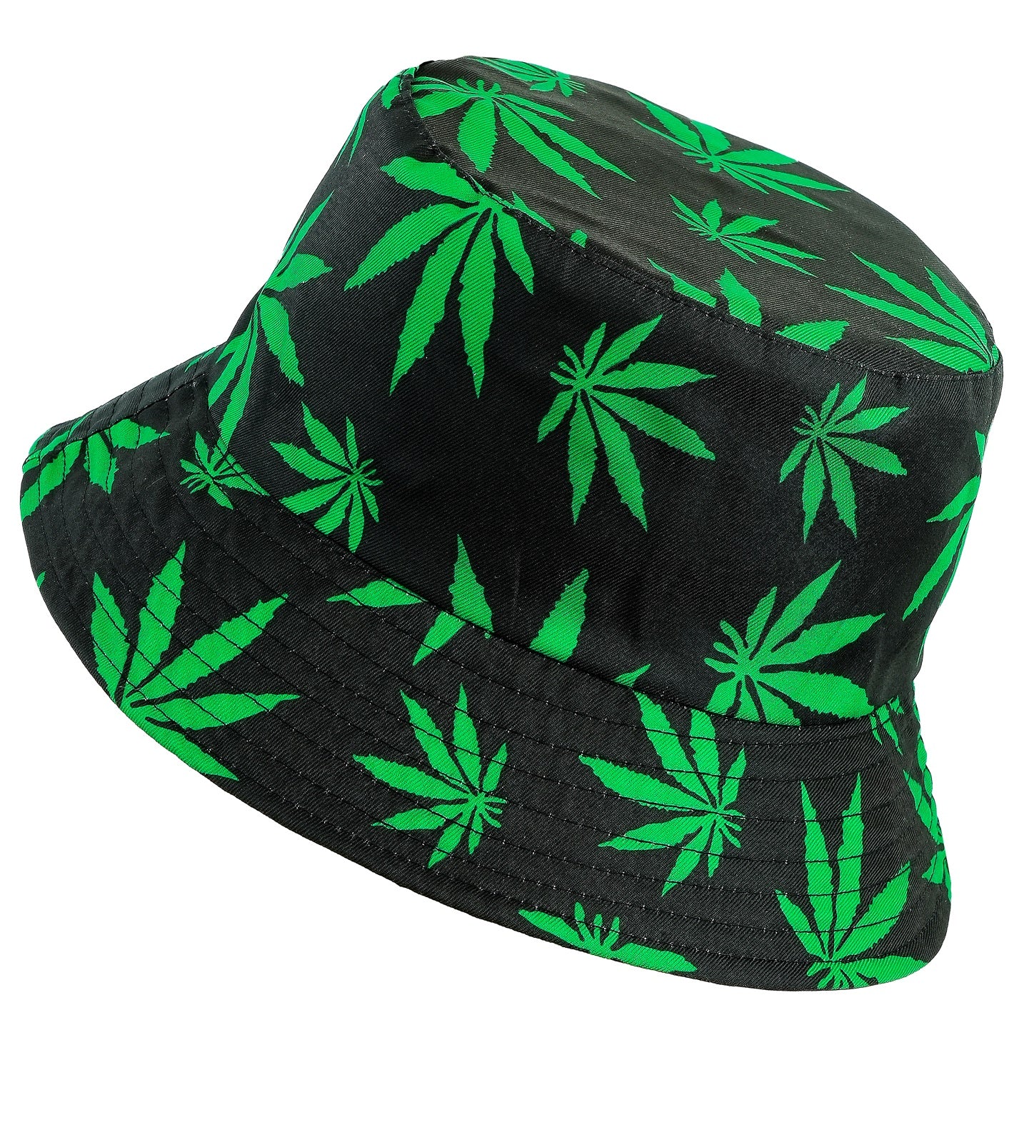 Black bucket hat with an all-over vibrant green leaf pattern shown from a side angle.
