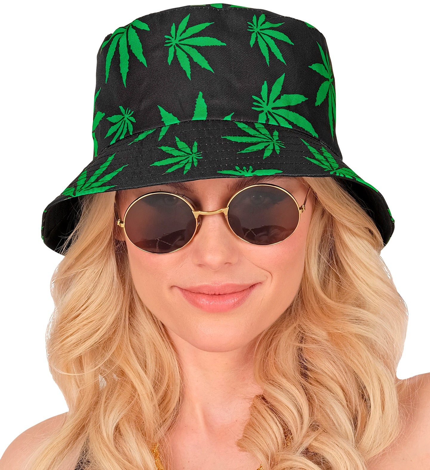 Woman modelling a marijuana print bucket hat paired with round gold-rimmed sunglasses.
