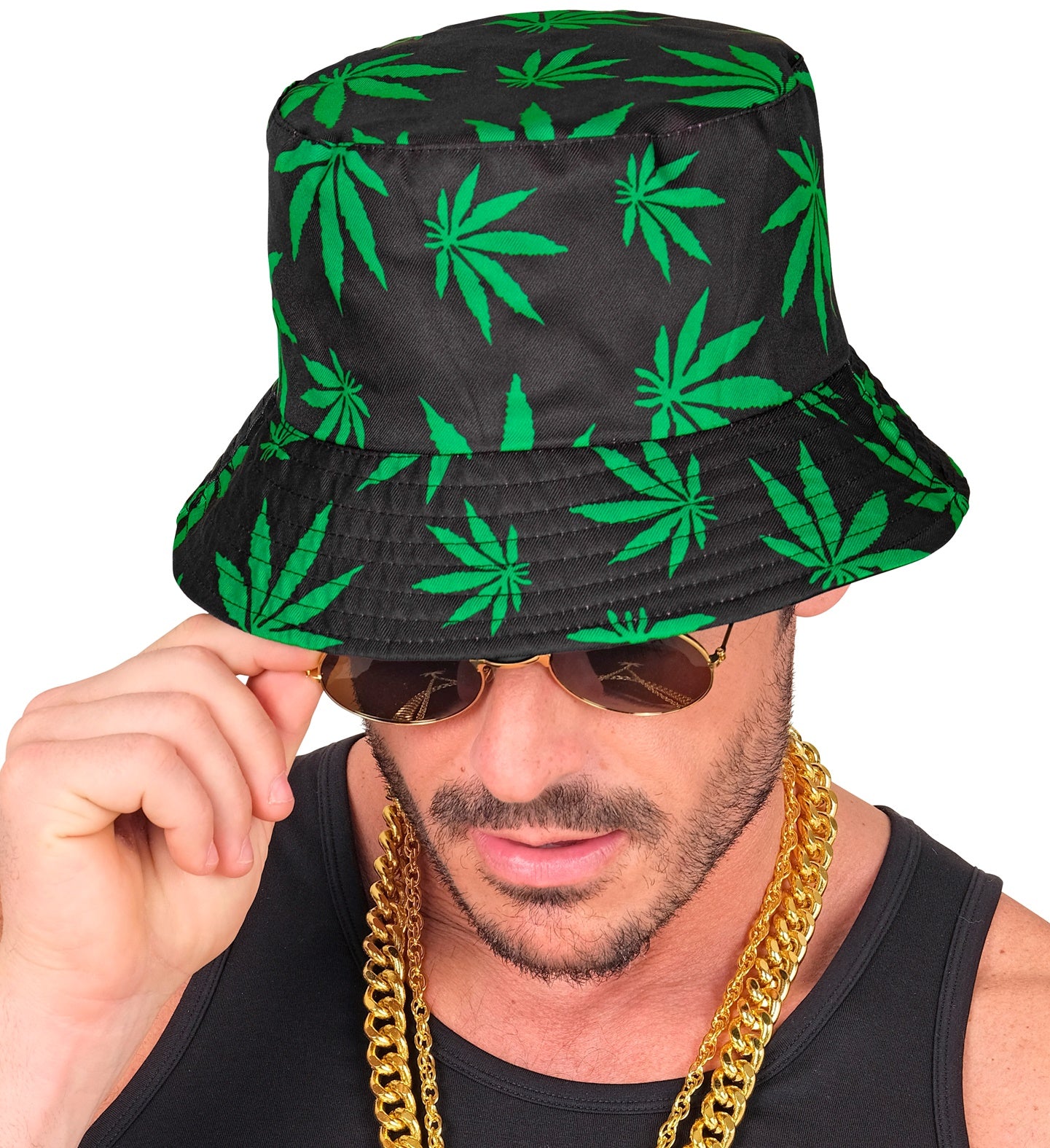 Man wearing a green leaf print bucket hat, gold aviator sunglasses, and chunky gold chains.