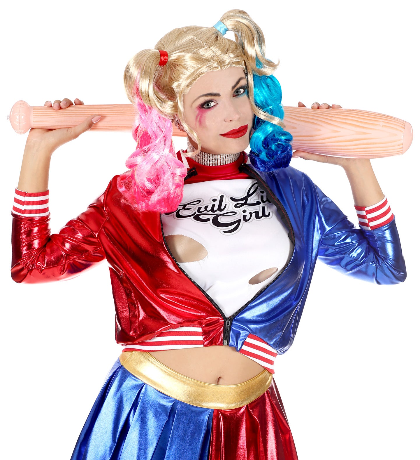 A woman in a full red and blue villain costume holds an inflatable bat behind her neck, showing off her blonde, pink, and blue pigtail wig