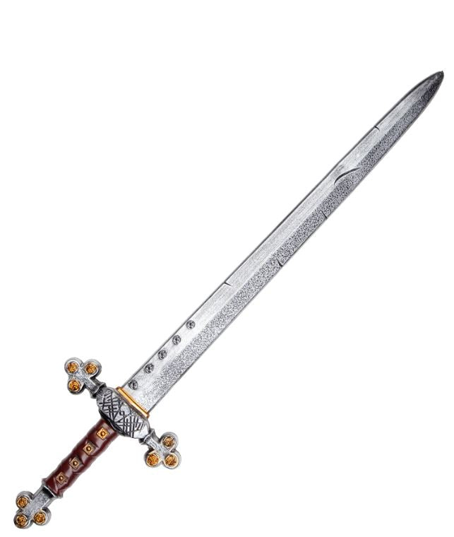 A full-length view of a 72cm toy medieval broadsword prop, featuring a textured silver blade with molded battle scratches and an ornate silver and gold hilt with a brown grip.