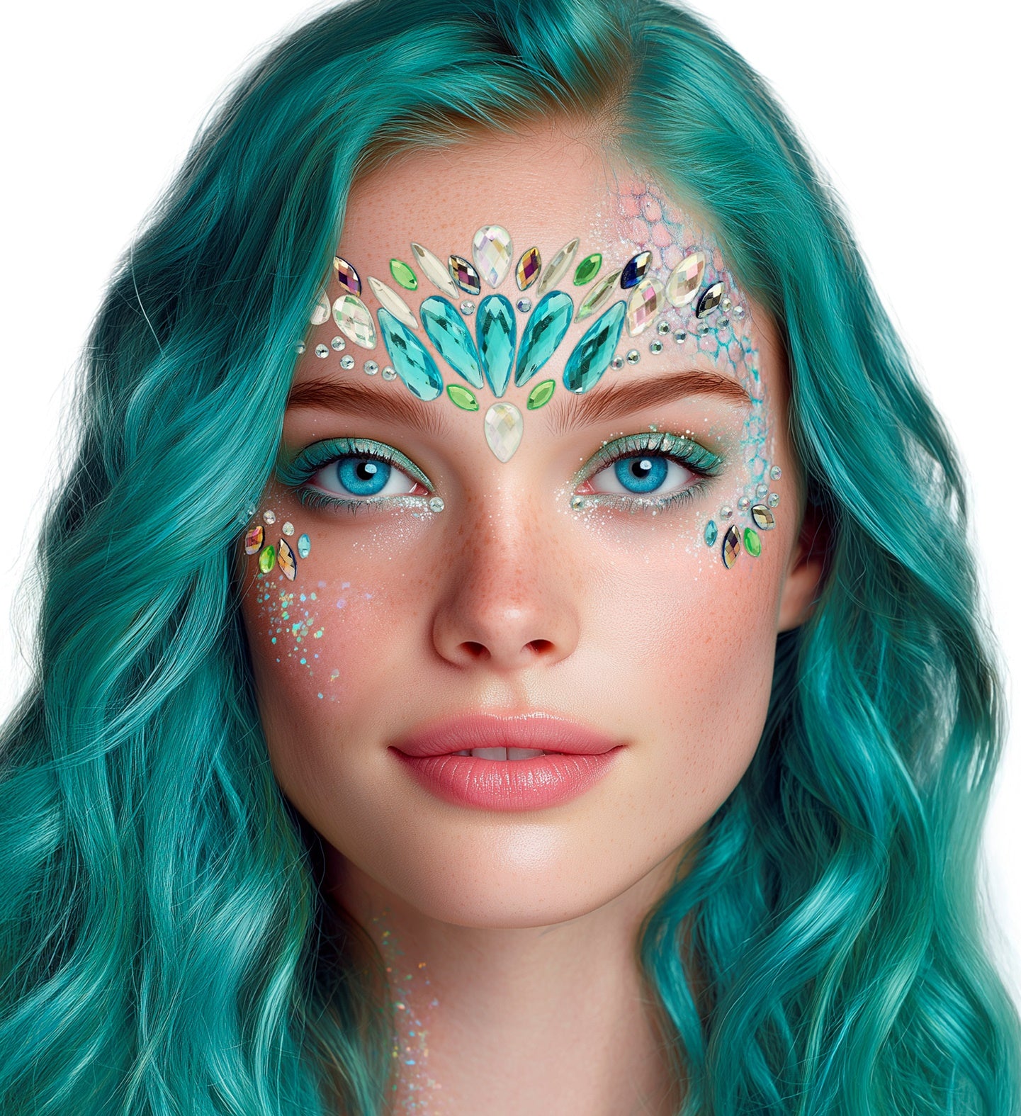 A person with teal hair wearing symmetrical teal and iridescent mermaid face jewels with sparkling face glitter.