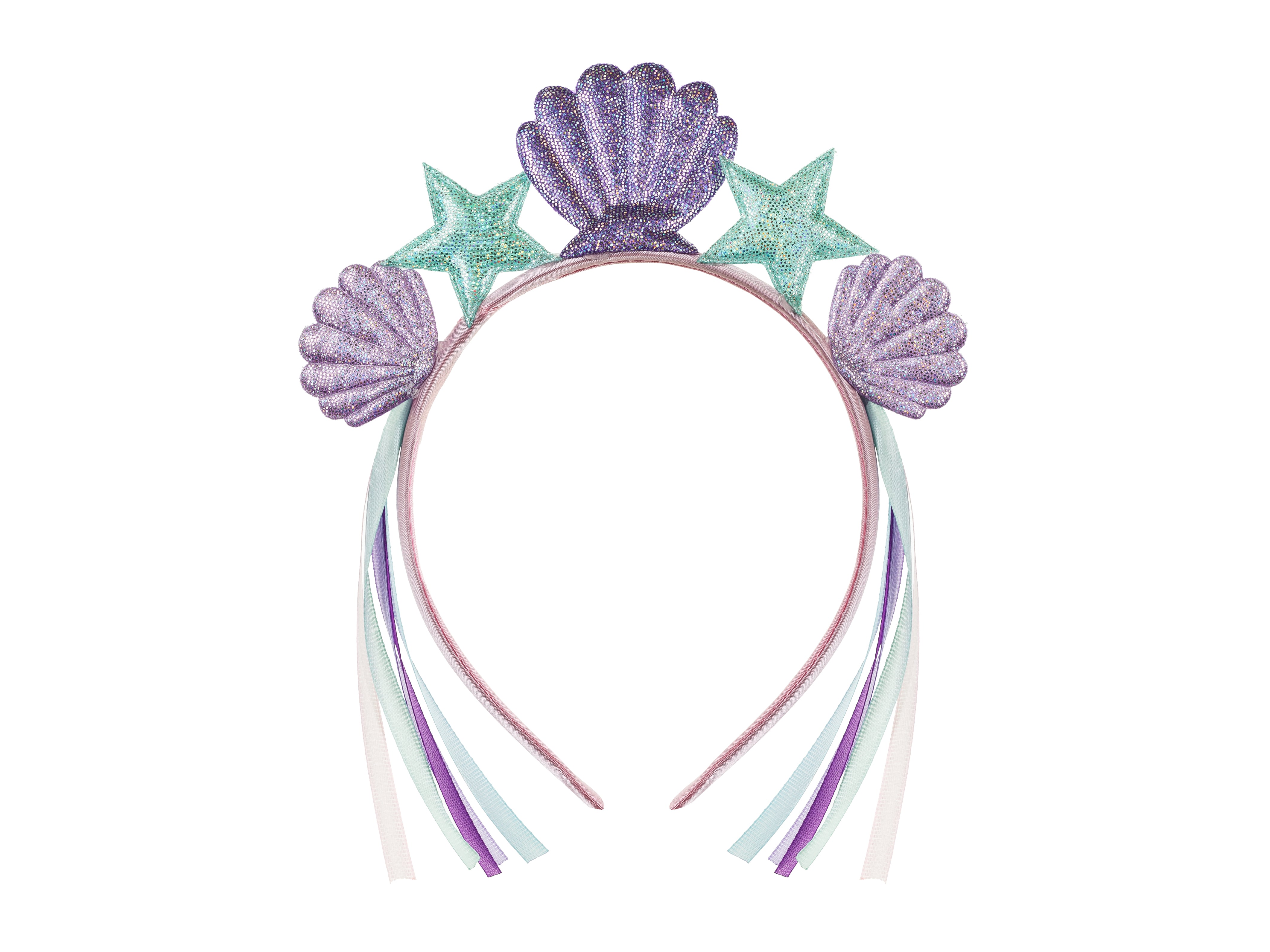 A vibrant mermaid-themed headband featuring a large purple glitter seashell crown in the center, flanked by two smaller purple glitter seashells and two mint green glitter starfish, with cascading ribbons in shades of purple, pink, and light blue on a glitter-covered headband, isolated on a white background.