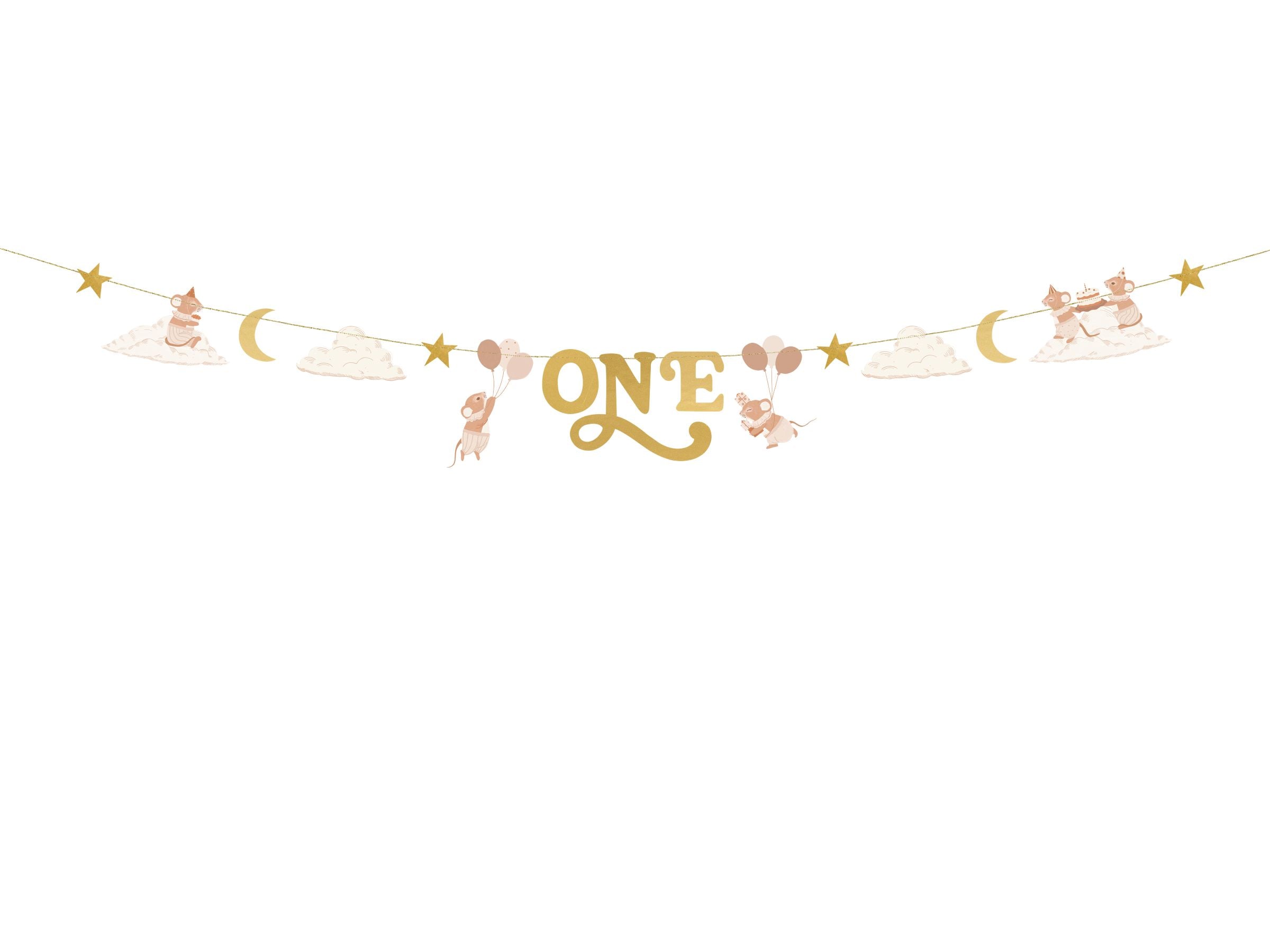A close-up of a 300cm paper 1st birthday banner featuring a gold 'ONE', vintage mice illustrations, fluffy clouds, and gold foil stars strung together on a golden thread.