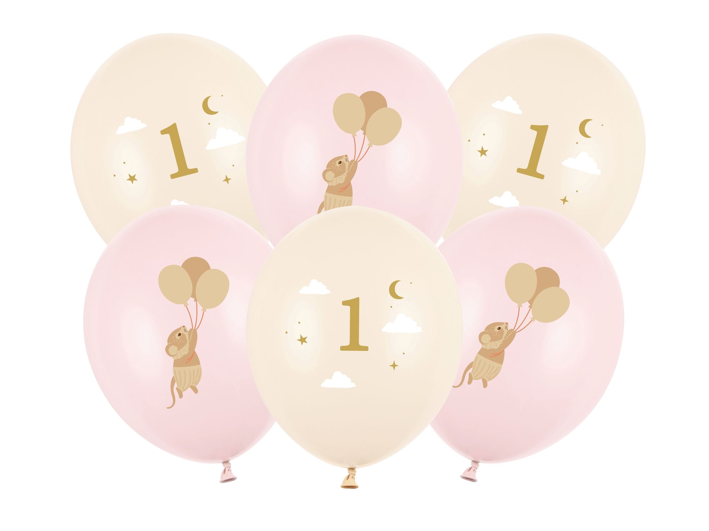 A cluster of six inflated pastel balloons for a 1st birthday, featuring three pale pink balloons with a mouse holding balloons, and three blush cream balloons with a gold number 1, clouds, and stars.
