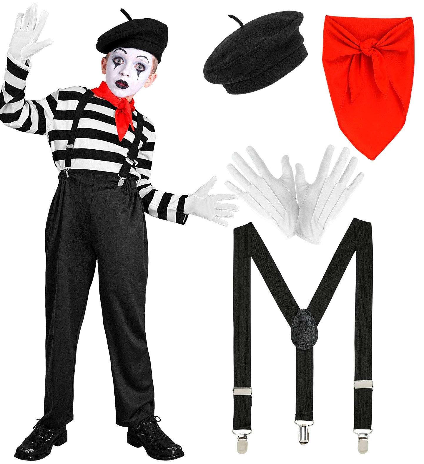 A composite image showing a child in a mime costume striking a pose on the left, and a deconstructed view of the costume components on the right, including a black beret, red neck scarf, white gloves, and black suspenders, all against a white background.