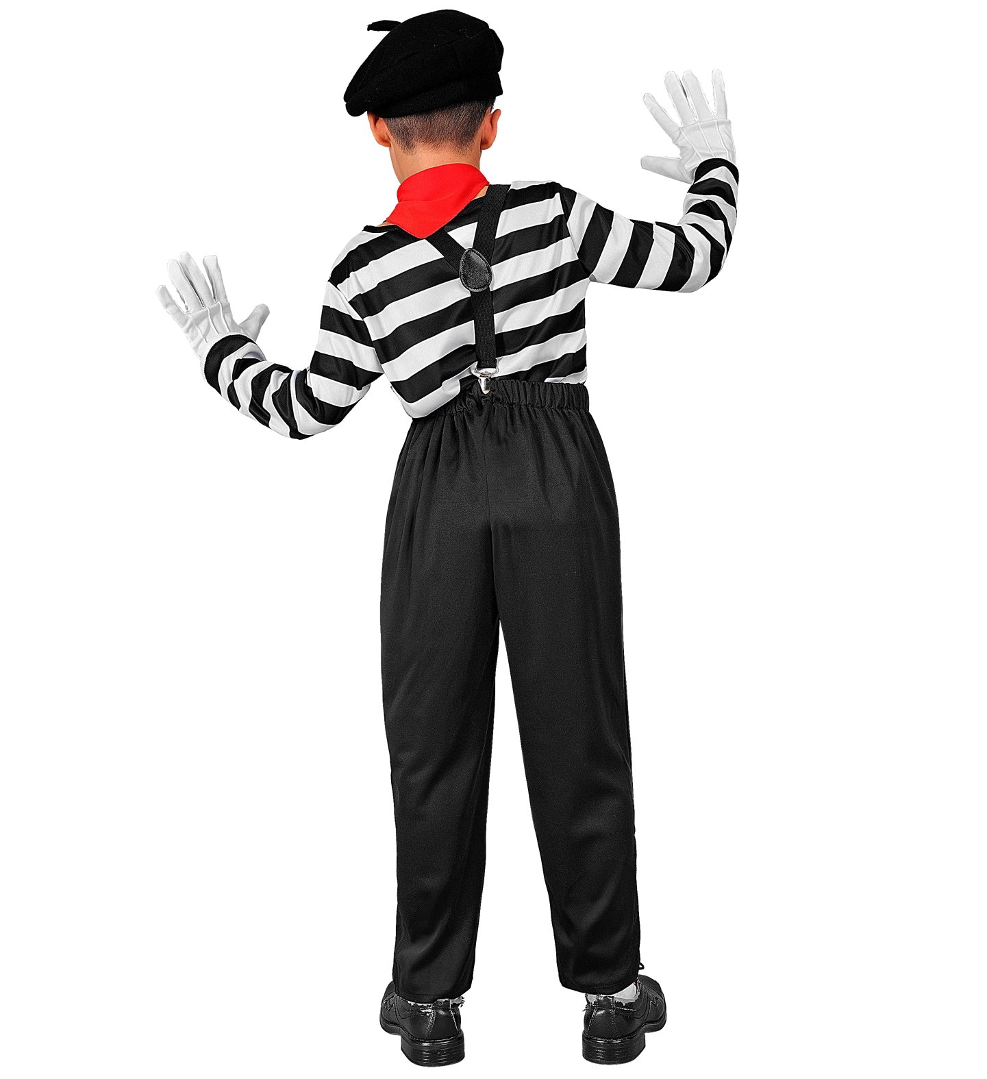 A child dressed in a classic mime costume, viewed from the back, wearing a black beret, a black and white striped long-sleeve shirt with black suspenders, black pants, and white gloves, with hands raised.