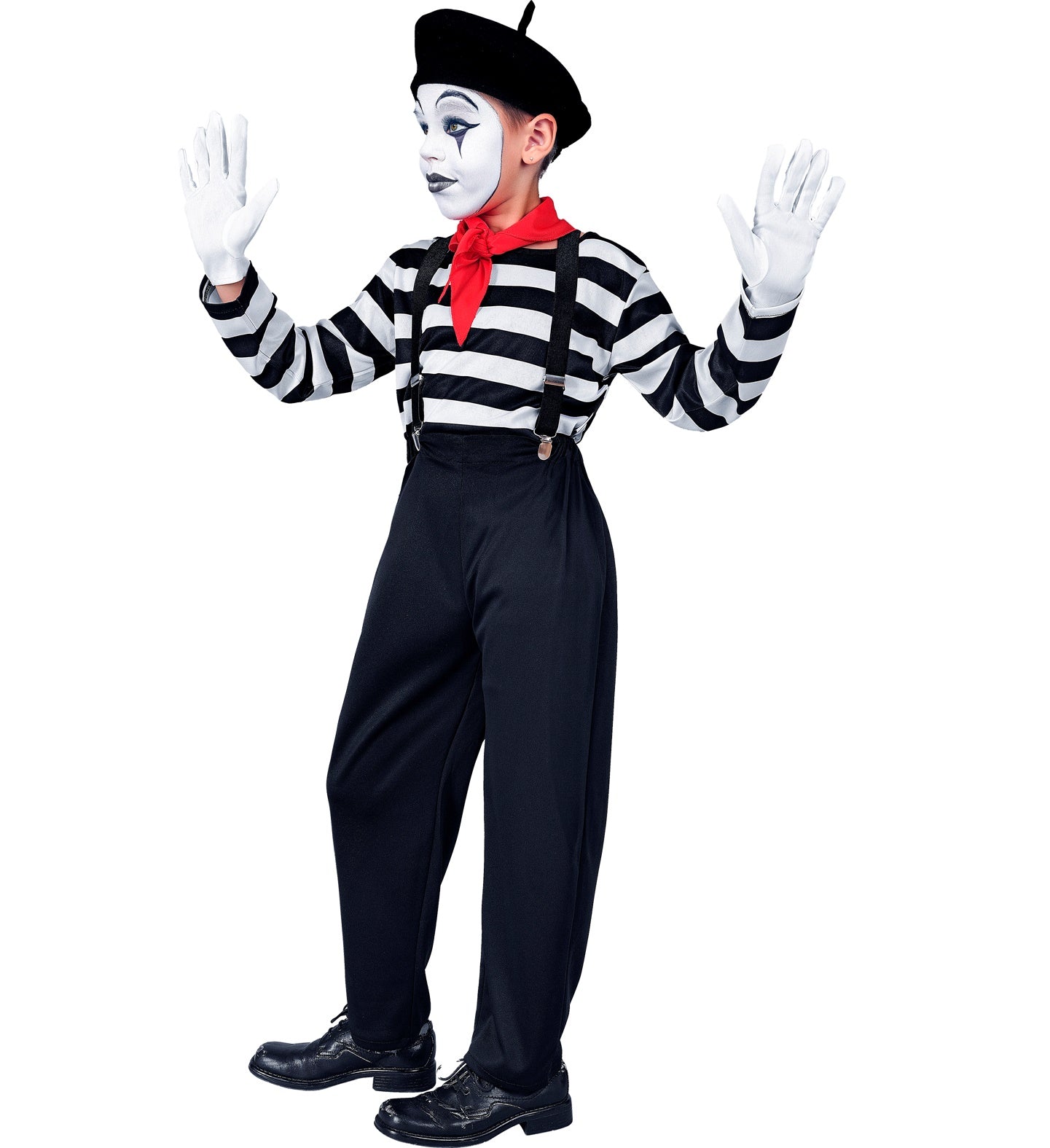 A child dressed in a classic mime costume, viewed from a side profile, wearing a black beret, white face paint, a red neck scarf, a black and white striped shirt with suspenders, black pants, and white gloves, with hands raised as if performing.