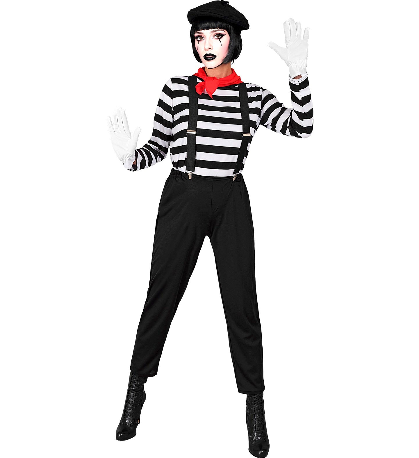 A full-body front view of a person wearing a mime costume, with arms raised in an expressive pose. The costume consists of a black beret, white face paint with dramatic eye makeup, a red neckscarf, a black and white striped long-sleeved shirt, black suspenders, black pants, white gloves, and black high-heeled boots.