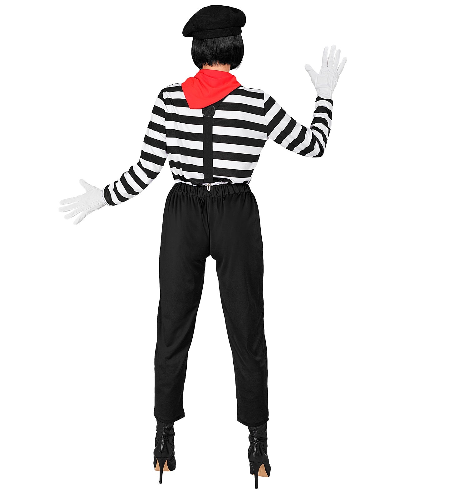 A full-body back view of a person wearing a mime costume, featuring a black beret, a red neckscarf, a black and white striped long-sleeved shirt, black suspenders, black pants, white gloves, and black high-heeled boots. The person's arms are outstretched.
