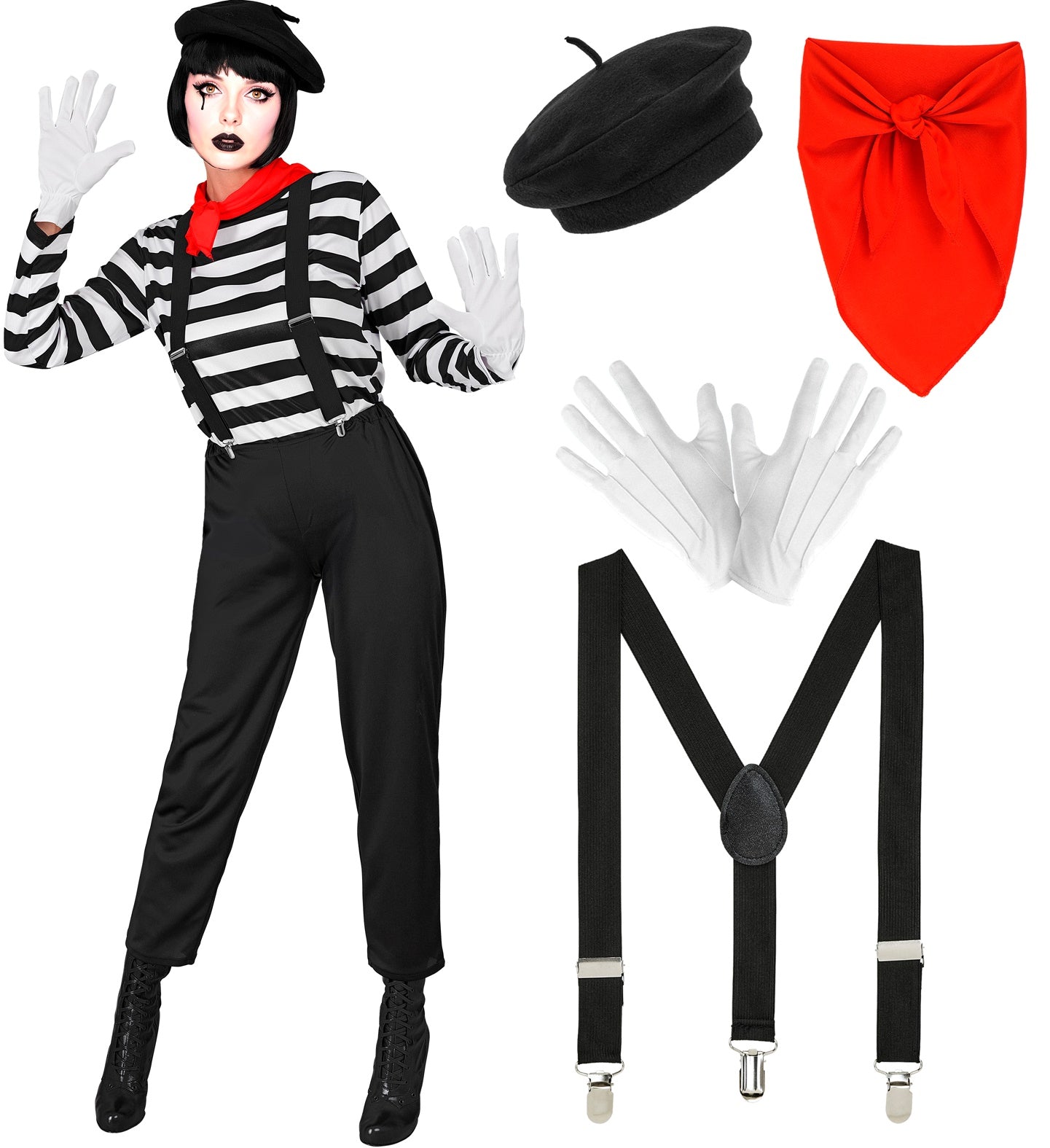 A composite image showing a person in a full mime costume on the left (black beret, white face paint with dramatic eye makeup, red neckscarf, black and white striped shirt, black suspenders, black pants, white gloves, and black boots), and separate elements of the costume (beret, neckscarf, white gloves, and black suspenders) arranged on the right, all on a white background.