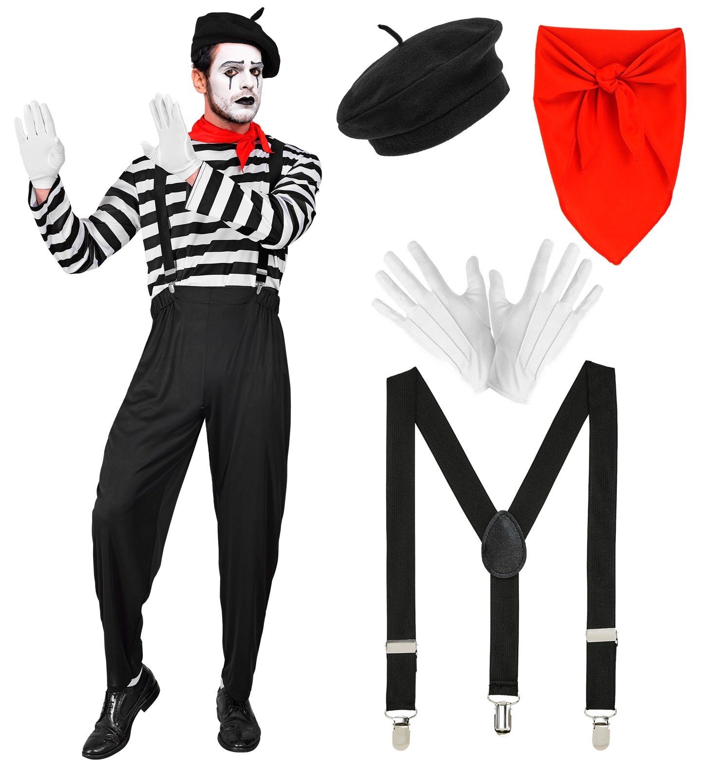 A composite image showing a person in a full mime costume on the left, with white face paint, a black beret, a red neckscarf, a black and white striped shirt, black suspenders, black pants, white gloves, and black shoes. On the right, separate components of the costume are laid out: a black beret, a red neckscarf, a pair of white gloves, and black suspenders.