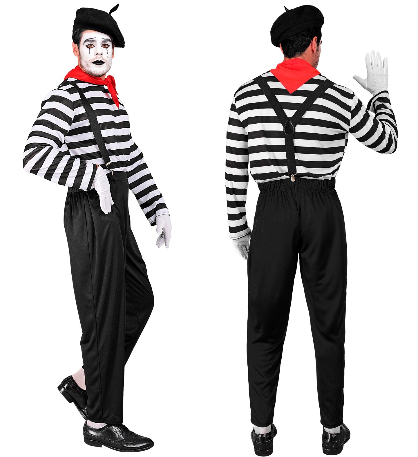 A split image showing a person in a mime costume from two different angles: a side profile shot with a hand on the hip, and a back profile shot with one arm raised. The costume features a black beret, a red neckscarf, a black and white striped long-sleeve shirt, black suspenders, black pants, white gloves, and black dress shoes.