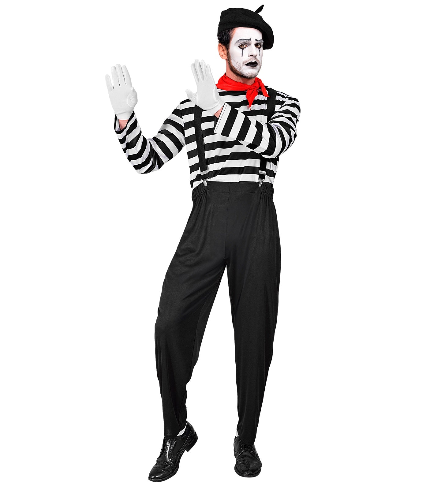 A person in a full mime costume, striking a pose with arms raised. The costume includes white face paint with black tear makeup, a black beret, a red neckscarf, a black and white striped long-sleeve shirt, black suspenders, black pants, white gloves, and black dress shoes.
