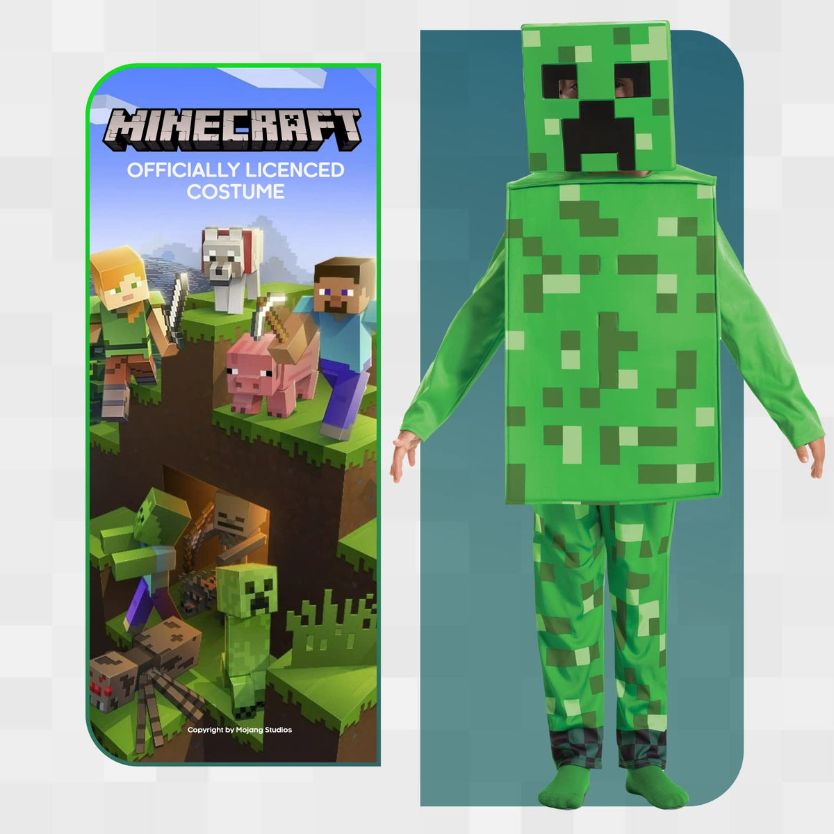 Official Minecraft licensing packaging with Creeper costume displayed alongside Minecraft game characters and world imagery