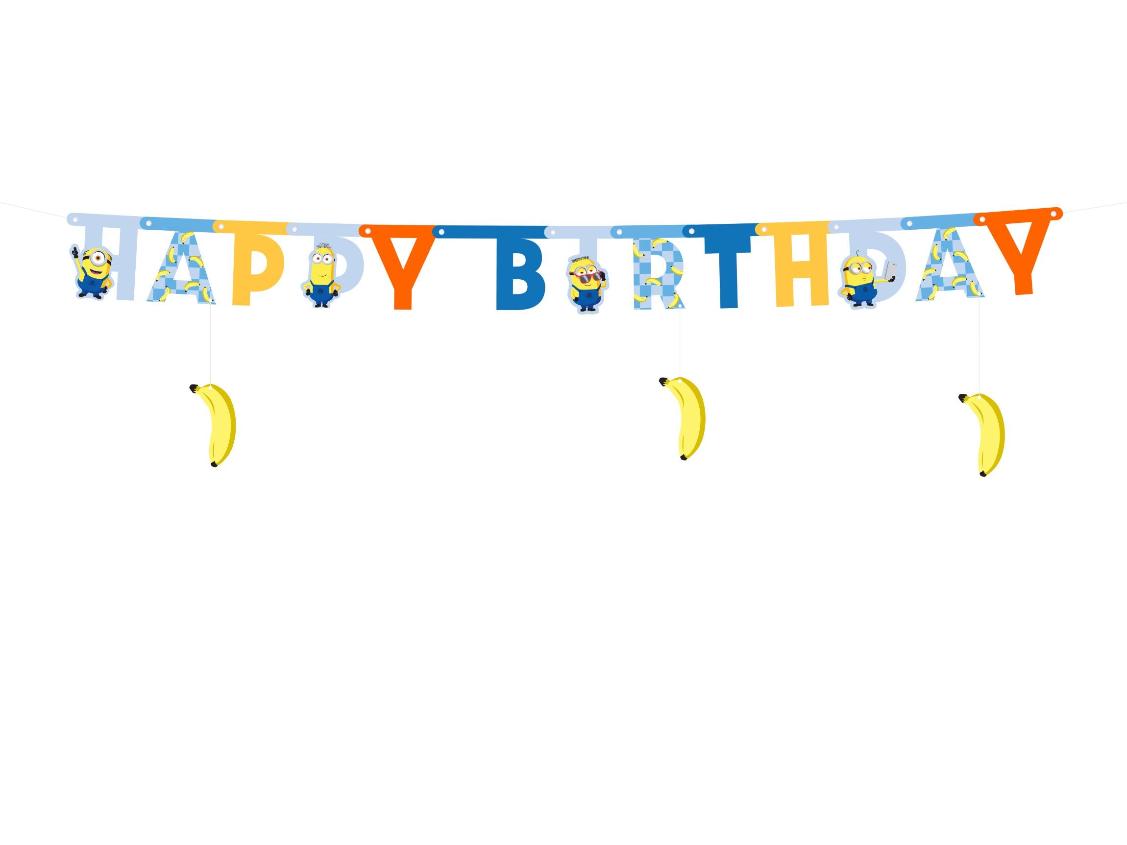 Multi-colored "Happy Birthday" banner featuring various Minions and three hanging banana cutouts on a white background.