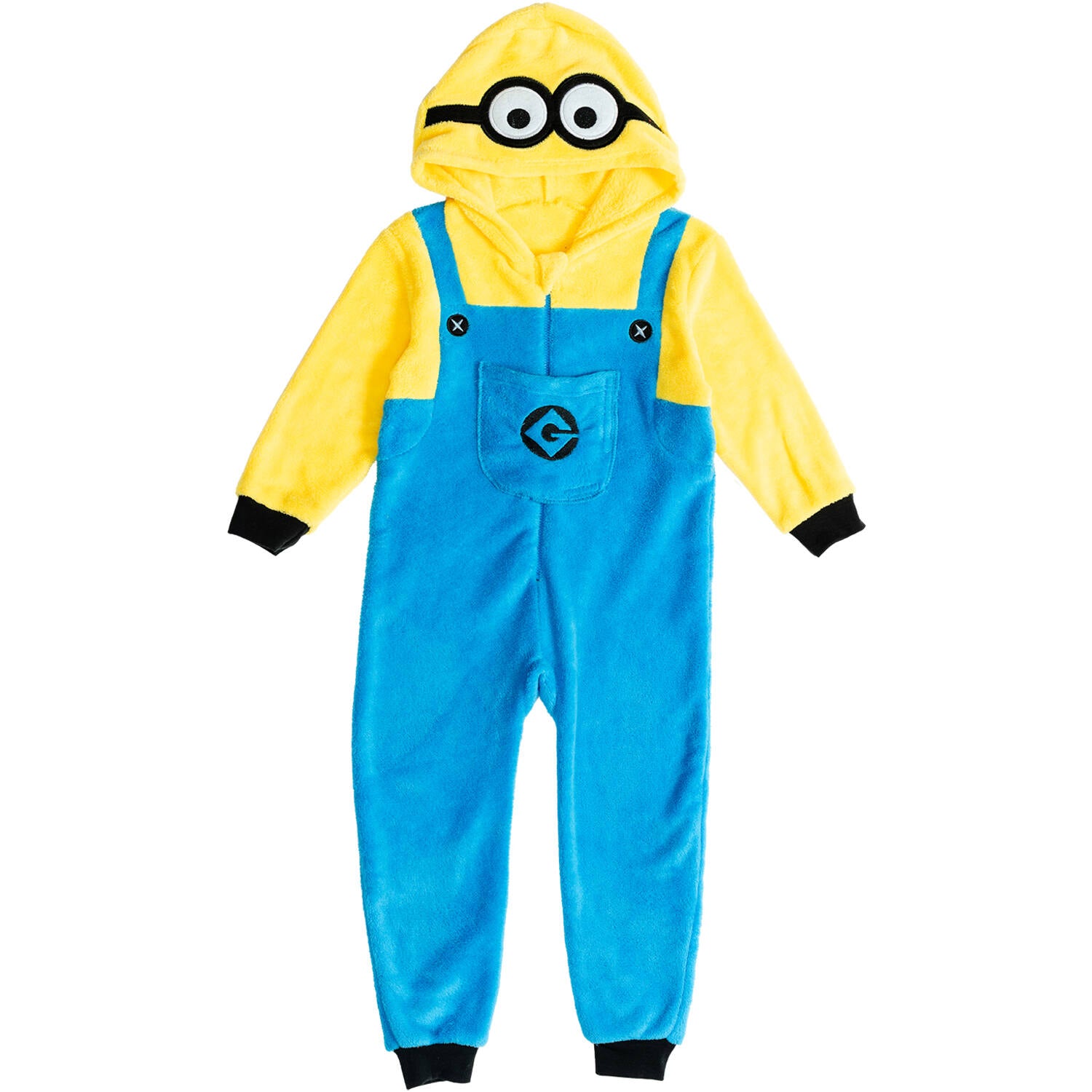 A full front view of a children's plush Minions onesie costume on a white background, highlighting the blue overall design, yellow sleeves, and character hood.