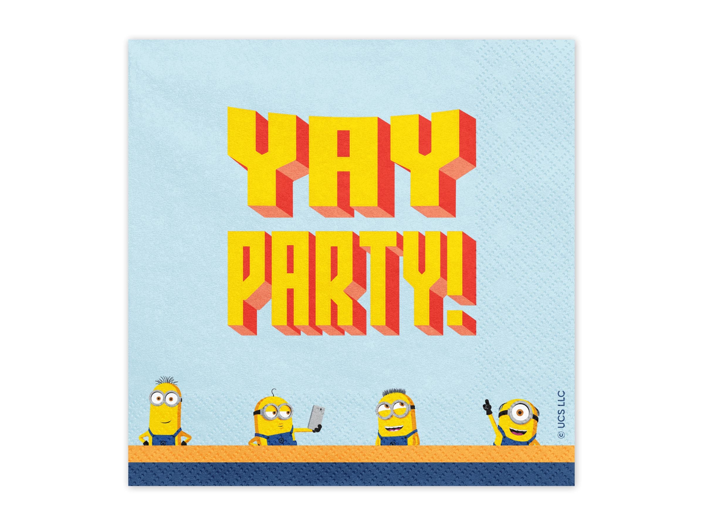 Close-up of a 2-ply Minion paper napkin with a light blue background, 3D yellow text, and peeking Minion characters.