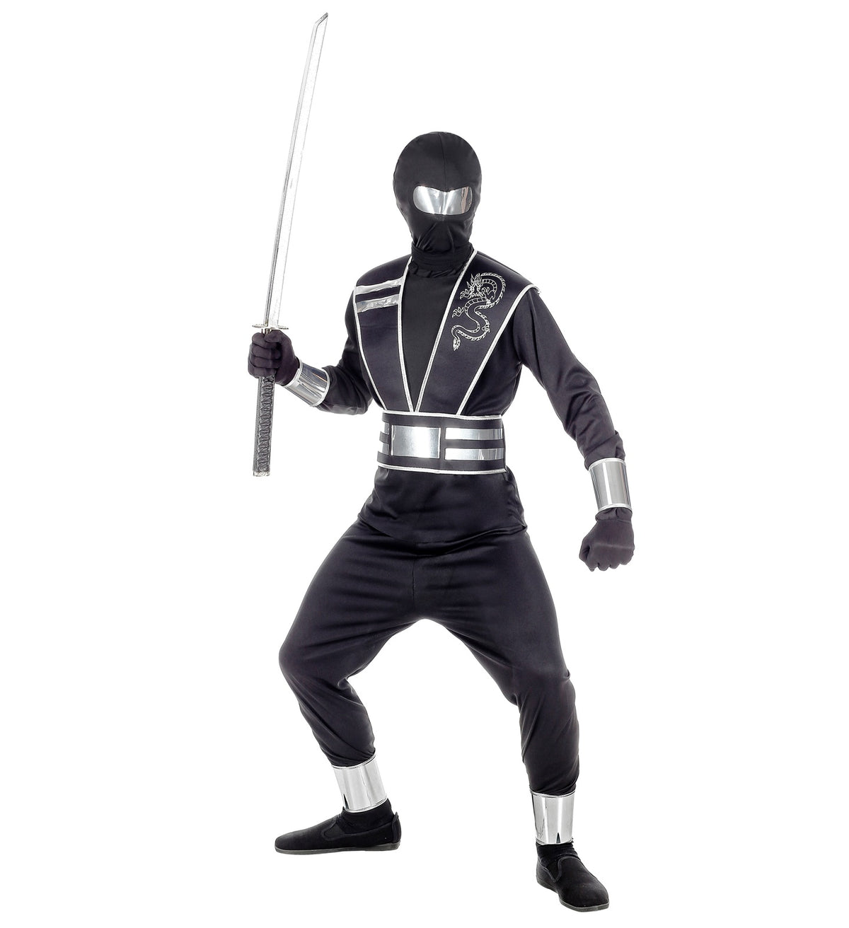 A child wearing the full Mirror Ninja warrior costume, holding a toy katana sword.