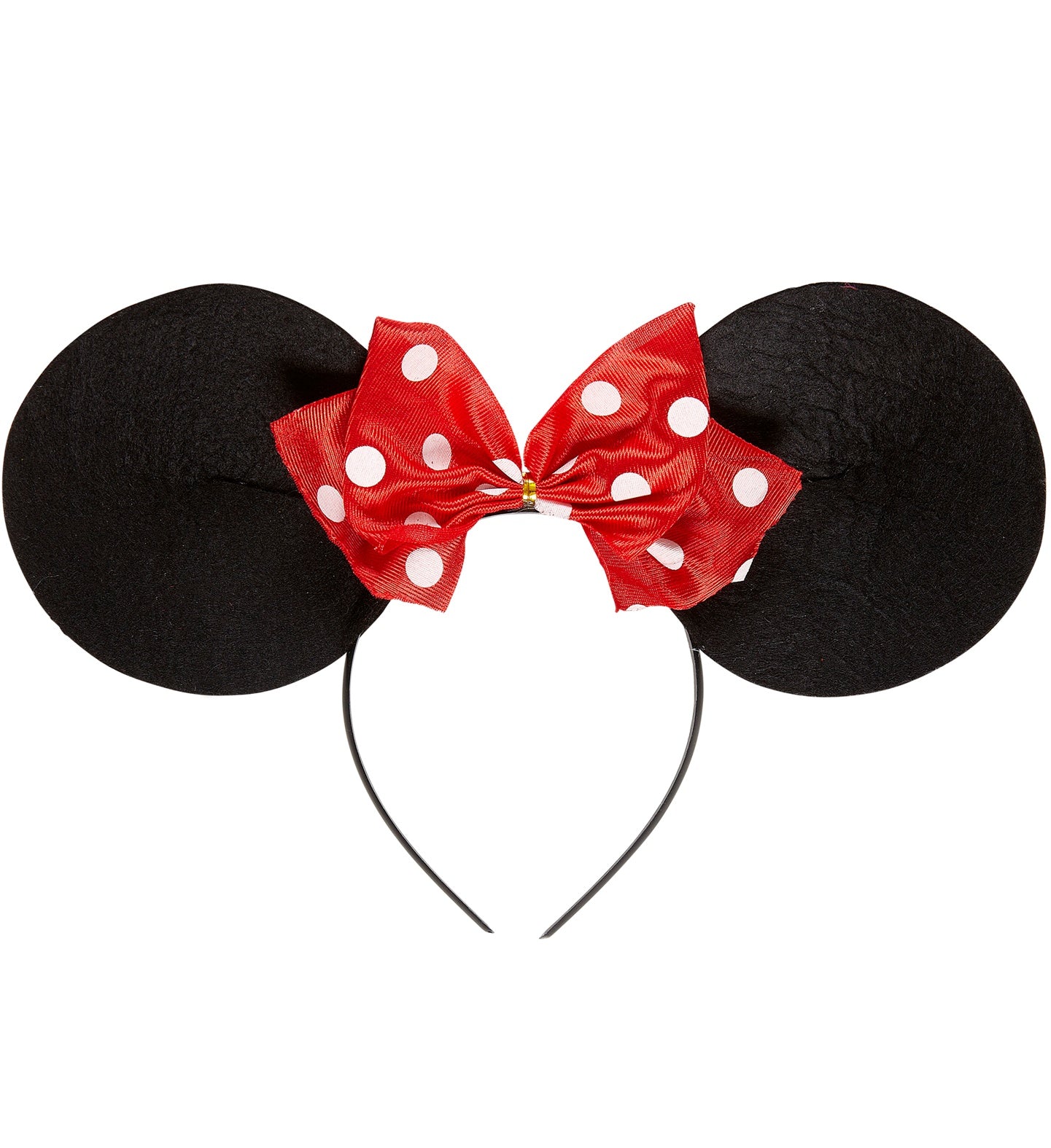 Black headband featuring two large round black mouse ears and a central red bow with white polka dots.