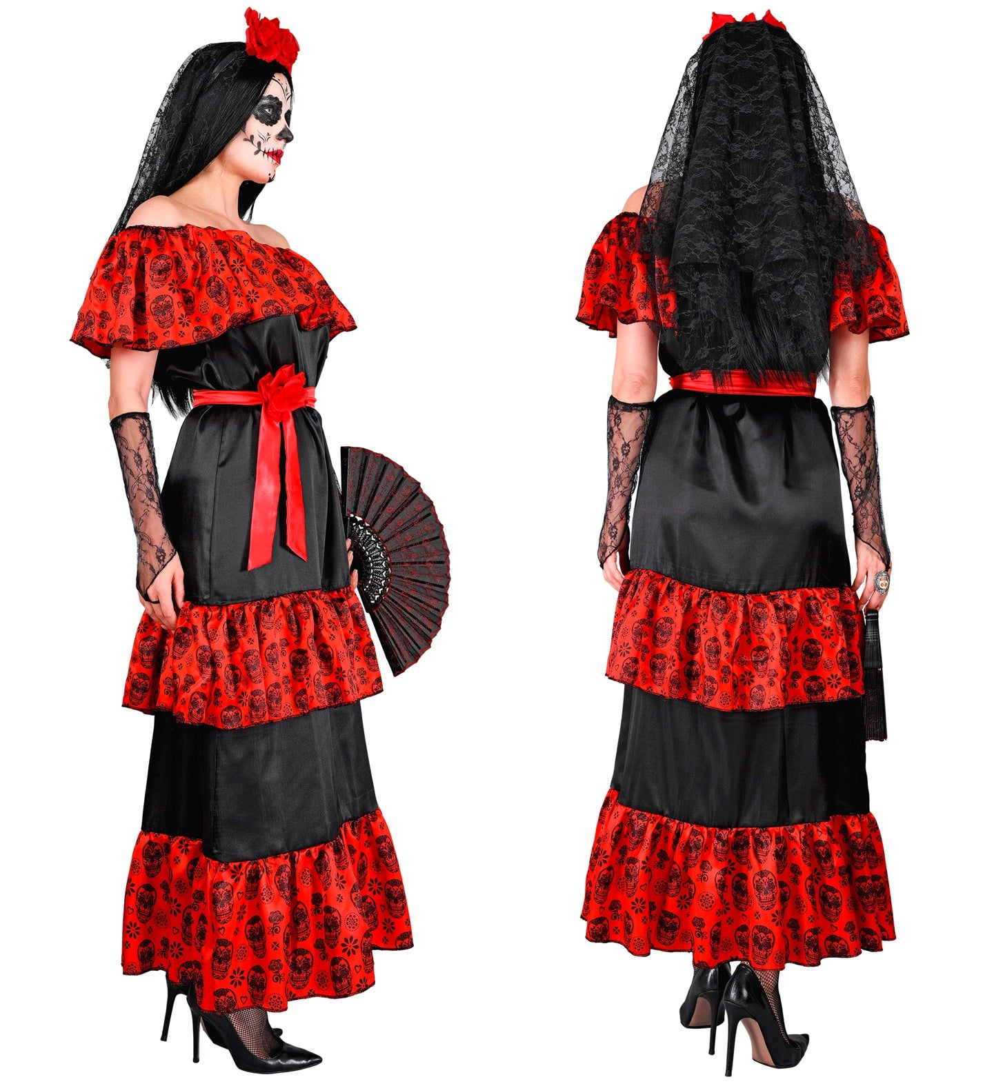 A woman wearing the complete Dia de los Muertos costume, including the tiered dress, rose belt, lace gloves, and flower veil, posing elegantly with a black fan.