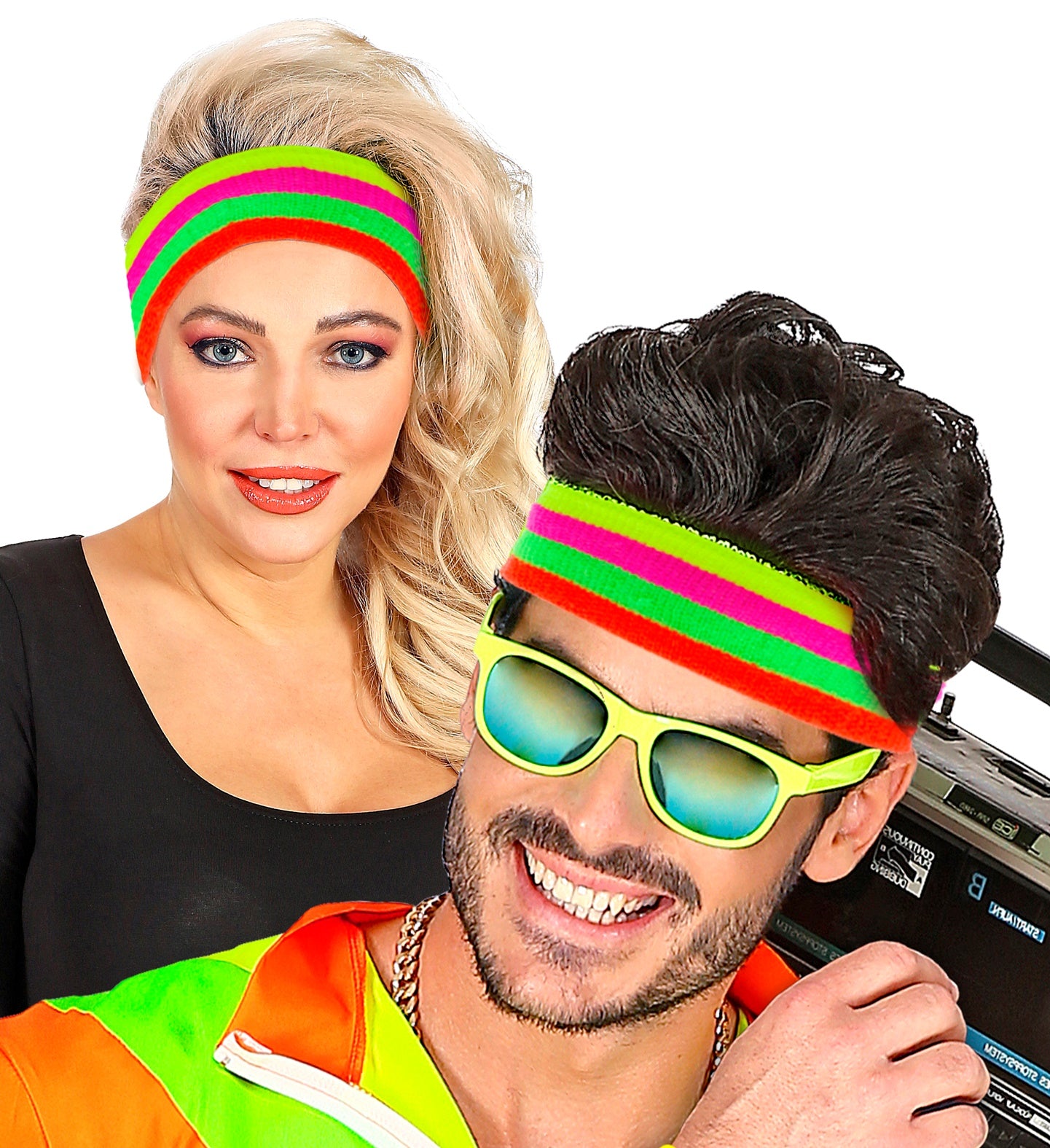 A man and a woman modeling the neon-striped 80s headband for a retro party.