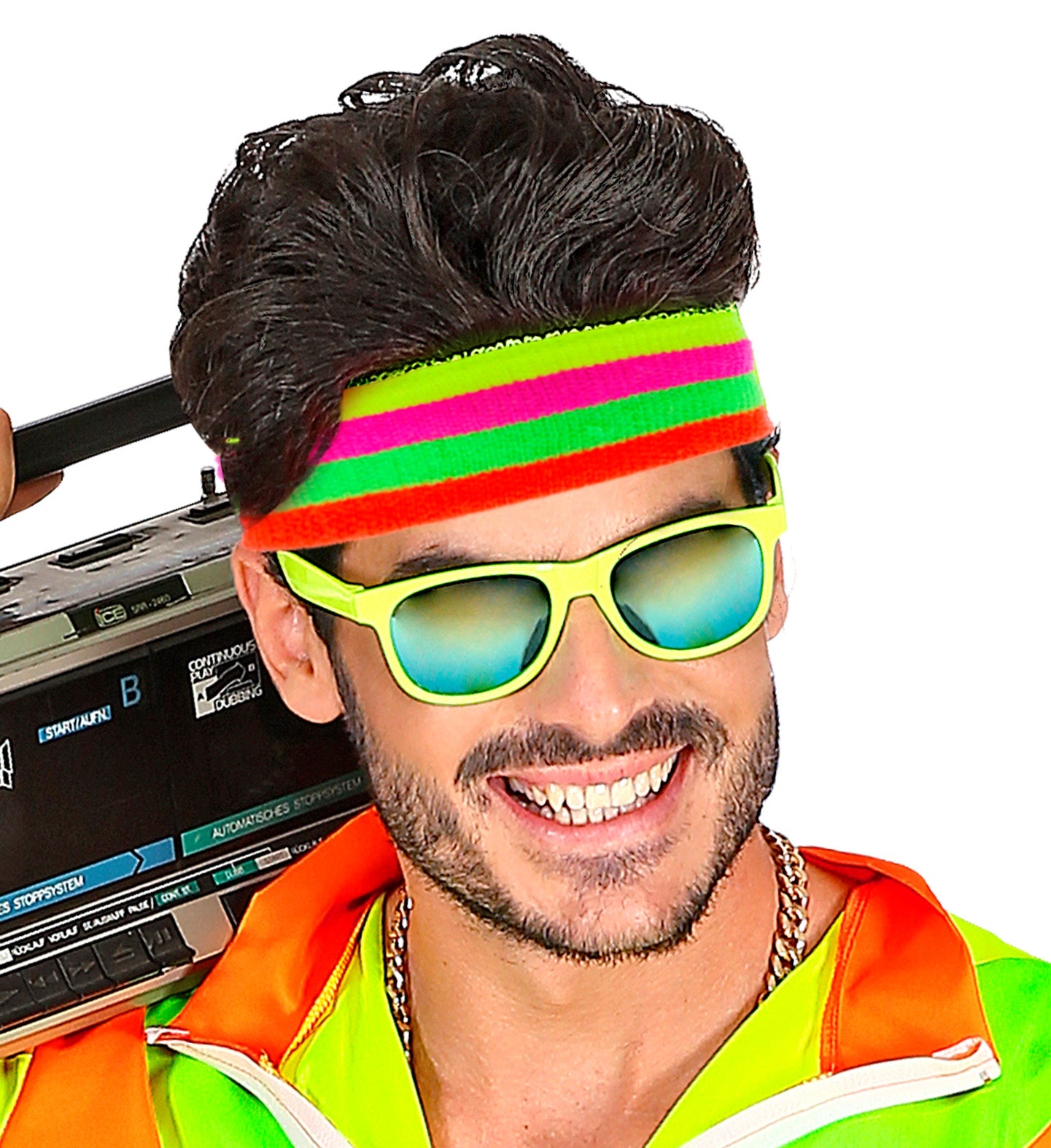A man with a boombox and sunglasses wearing the neon 80s striped headband.